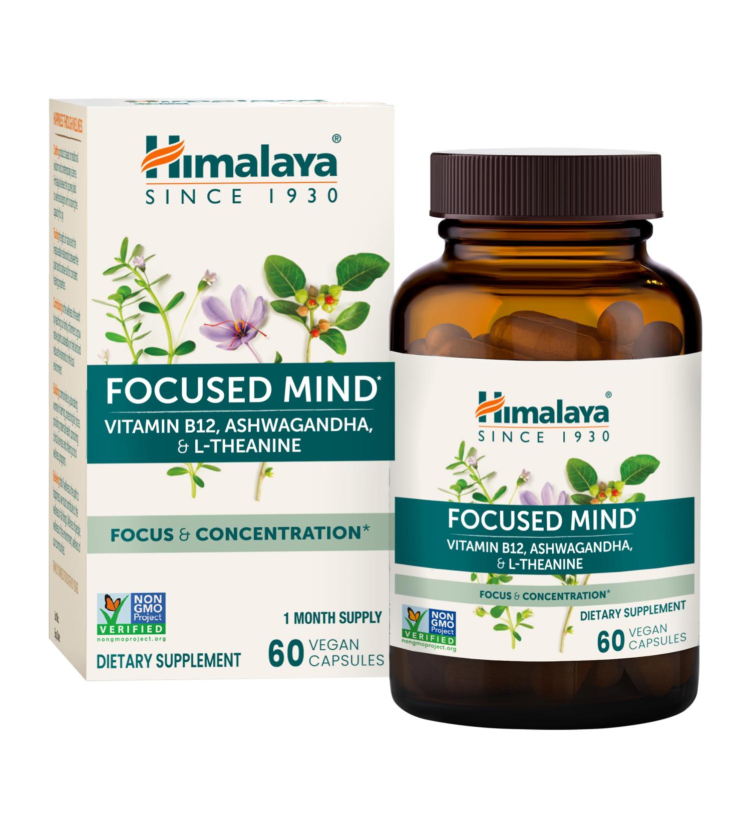 Himalaya Focused Mind: Ashwagandha Bacopa & L-Theanine for Enhanced Focus Energy & Attention - 60 Vegan Capsules Gluten Free 1 Month Supply - Buy Online on GoSupps.com