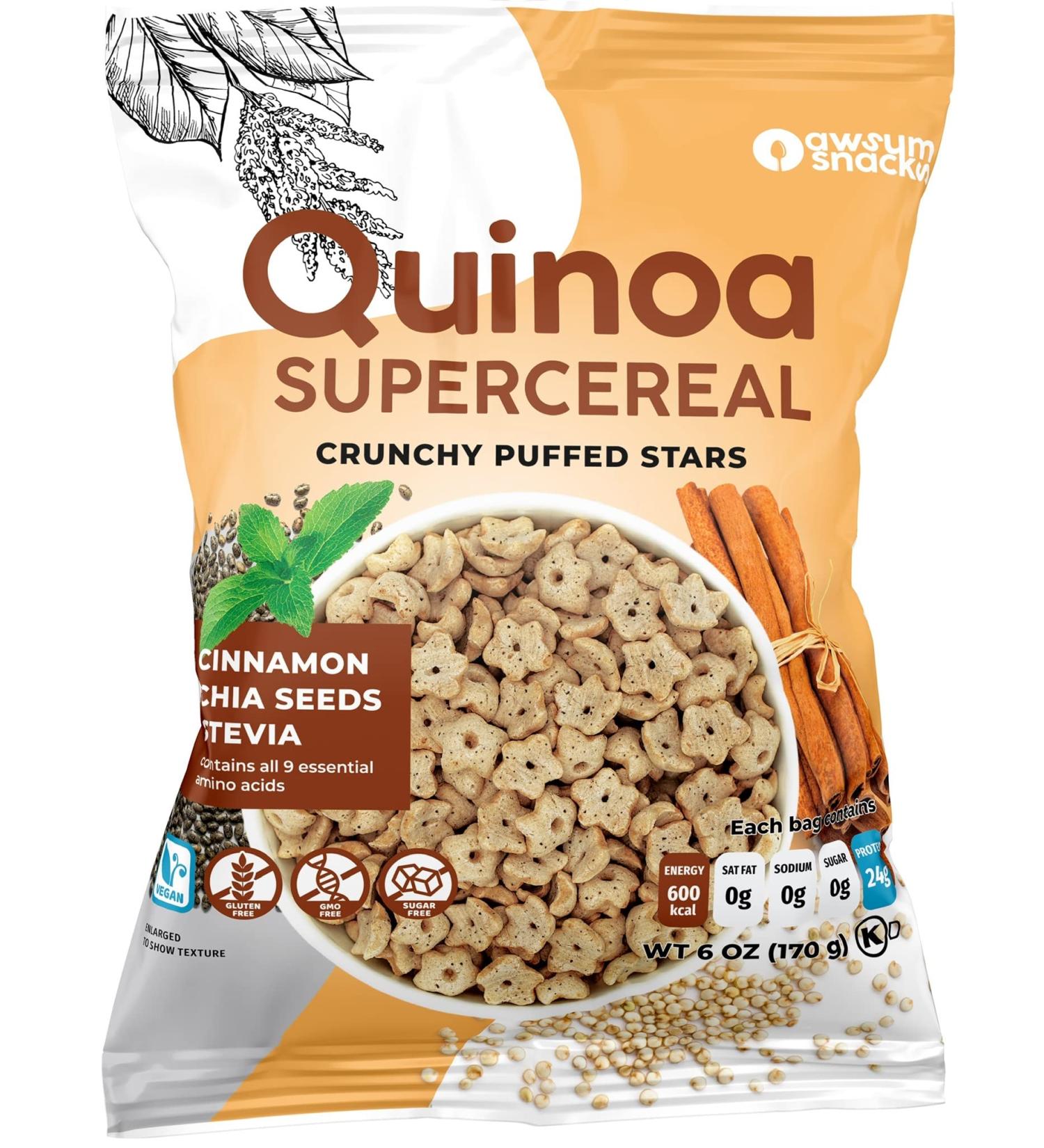Awsum Snacks Organic Quinoa SUPERCEREAL with Cinnamon & Chia Seeds 3 Pack - Sugar Free, Kosher & Gluten Free - Vegan Diabetic-Friendly Breakfast Cereal - Buy Online on GoSupps.com