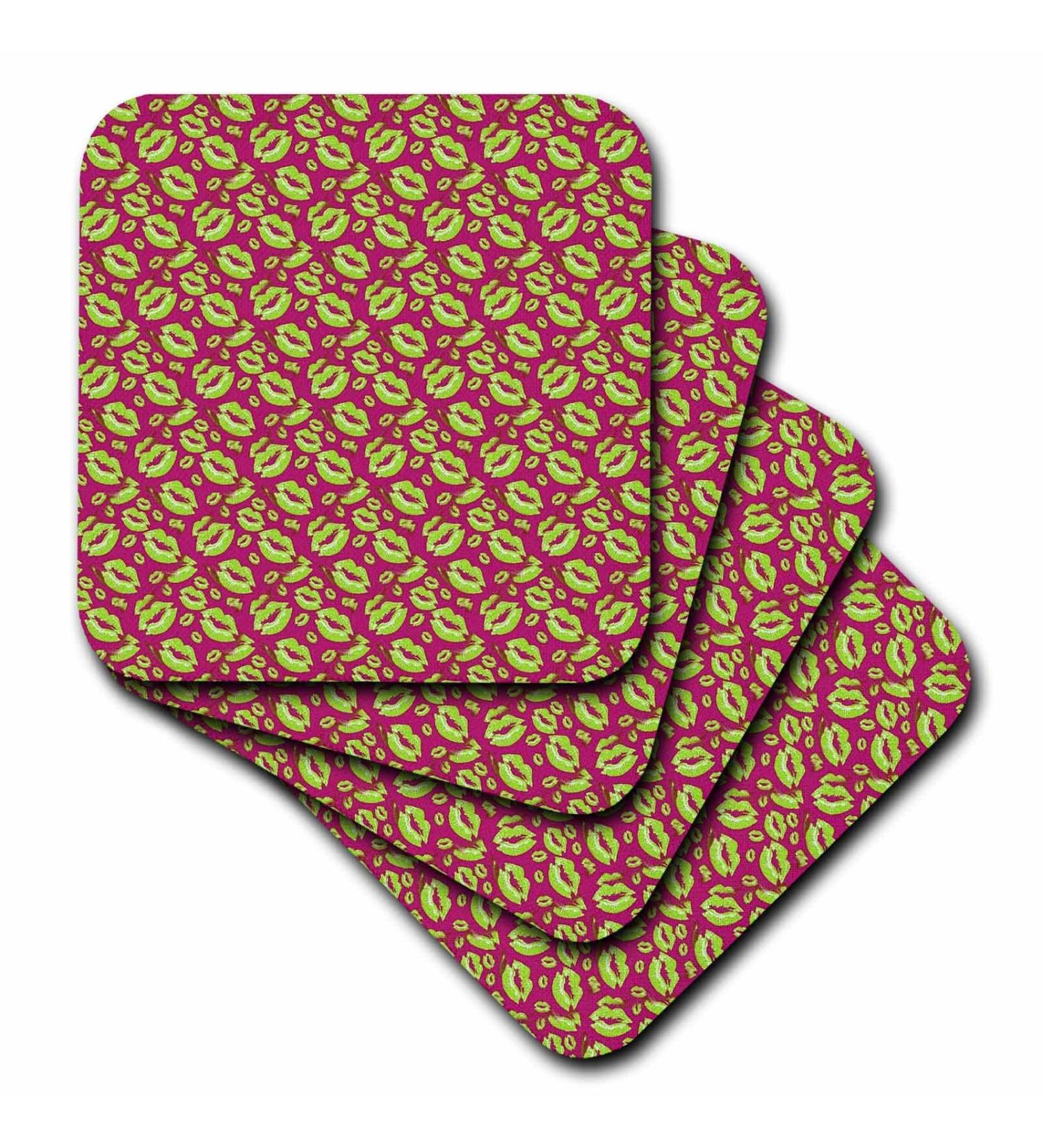 Set of 8 Coasters - Soft - Two Kisses Collided Lip Smacking Lime Colored Lips Pattern Pattern - Lipstick Kisses