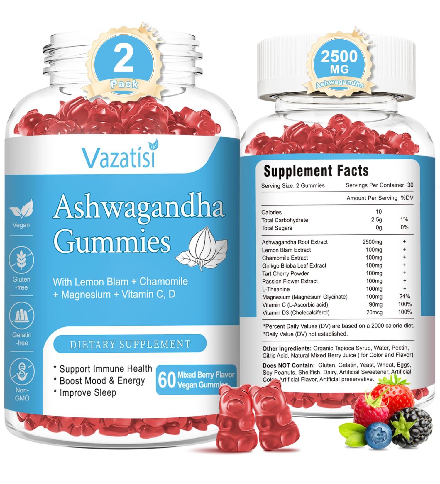 2 Pack Ashwagandha Gummies for Women Men Sugar Free Organic Ashwagandha Gummies Supplement for Relax Restore Balance Vegan Gluten Free 120 Count 60 Count (Pack of 2) - Buy Online on GoSupps.com