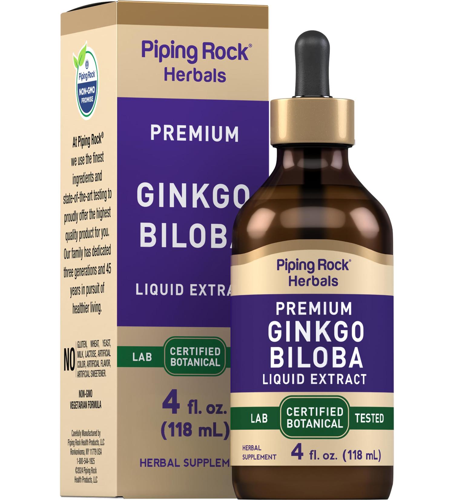 Piping Rock Ginkgo Biloba Supplements | 4 fl oz | Premium Liquid Herbal Extract | Certified Botanical | Non GMO Gluten Free - Buy Online on GoSupps.com