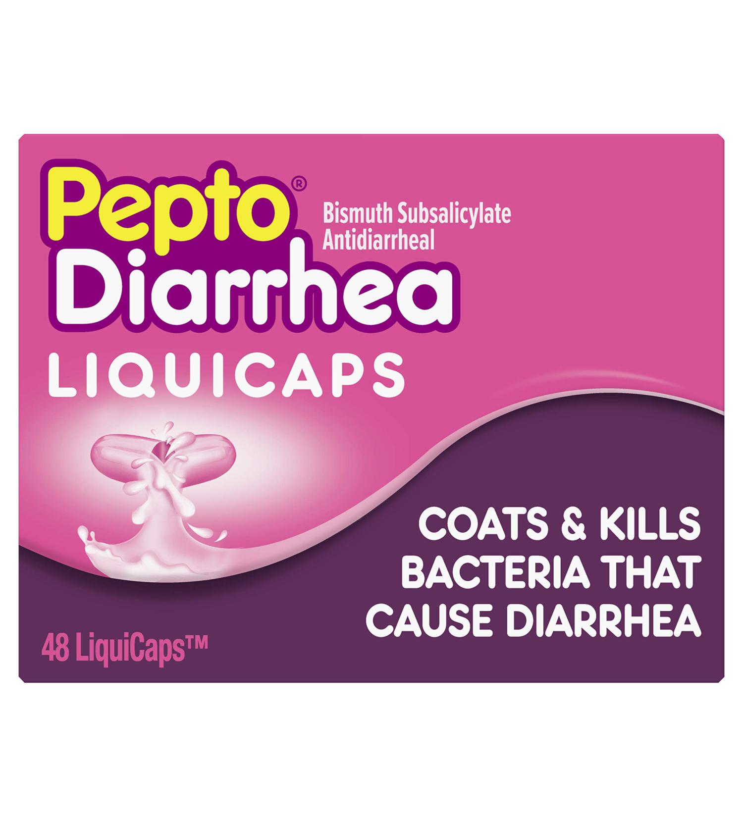 Pepto Diarrhea Liquicaps - Bismuth Subsalicylate Anti-Diarrhea Relief - Kills Bacteria - 48 Liquicaps - Buy Online on GoSupps.com