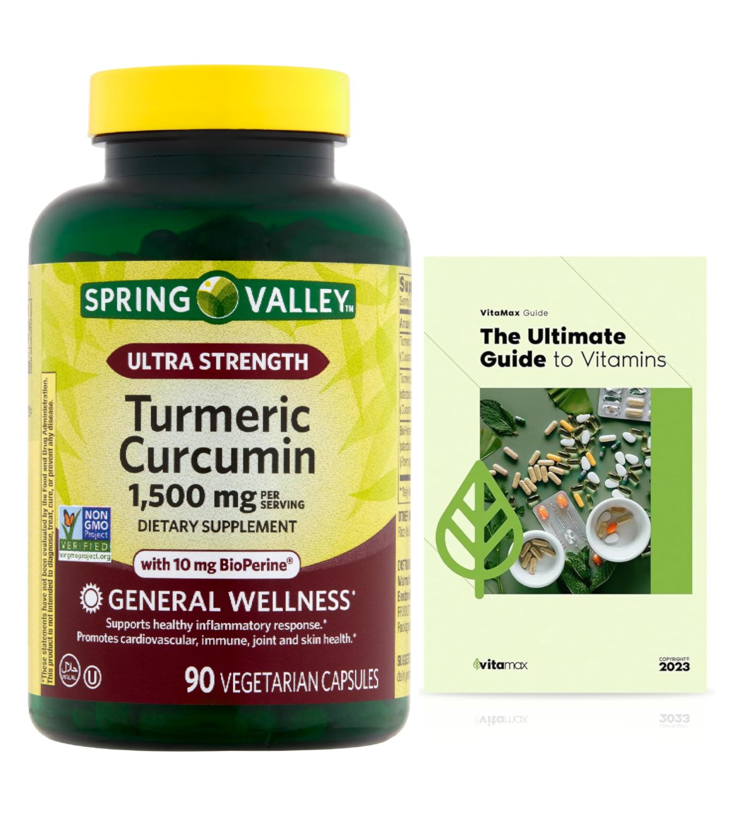 Generic Spring Valley Ultra Strength Turmeric Curcumin Dietary Supplement (Turmeric Curcumin 1 500 mg 90 Capsules) + Exclusive Vitamax Vitamin Guide (2 Items)