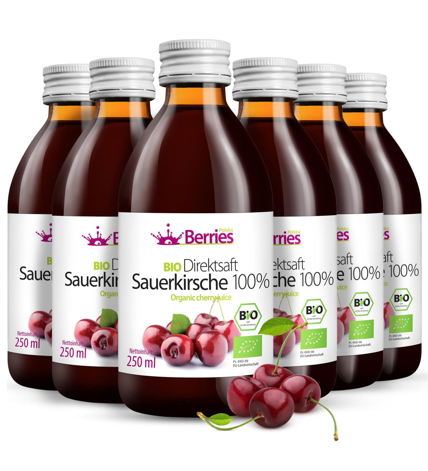 Organic Sauerkirsch Juice 6 Pack | 100% Pure Cold-Pressed Sour Cherry | Vegan & Non-GMO | Berriesolska 250ml - Buy Online on GoSupps.com