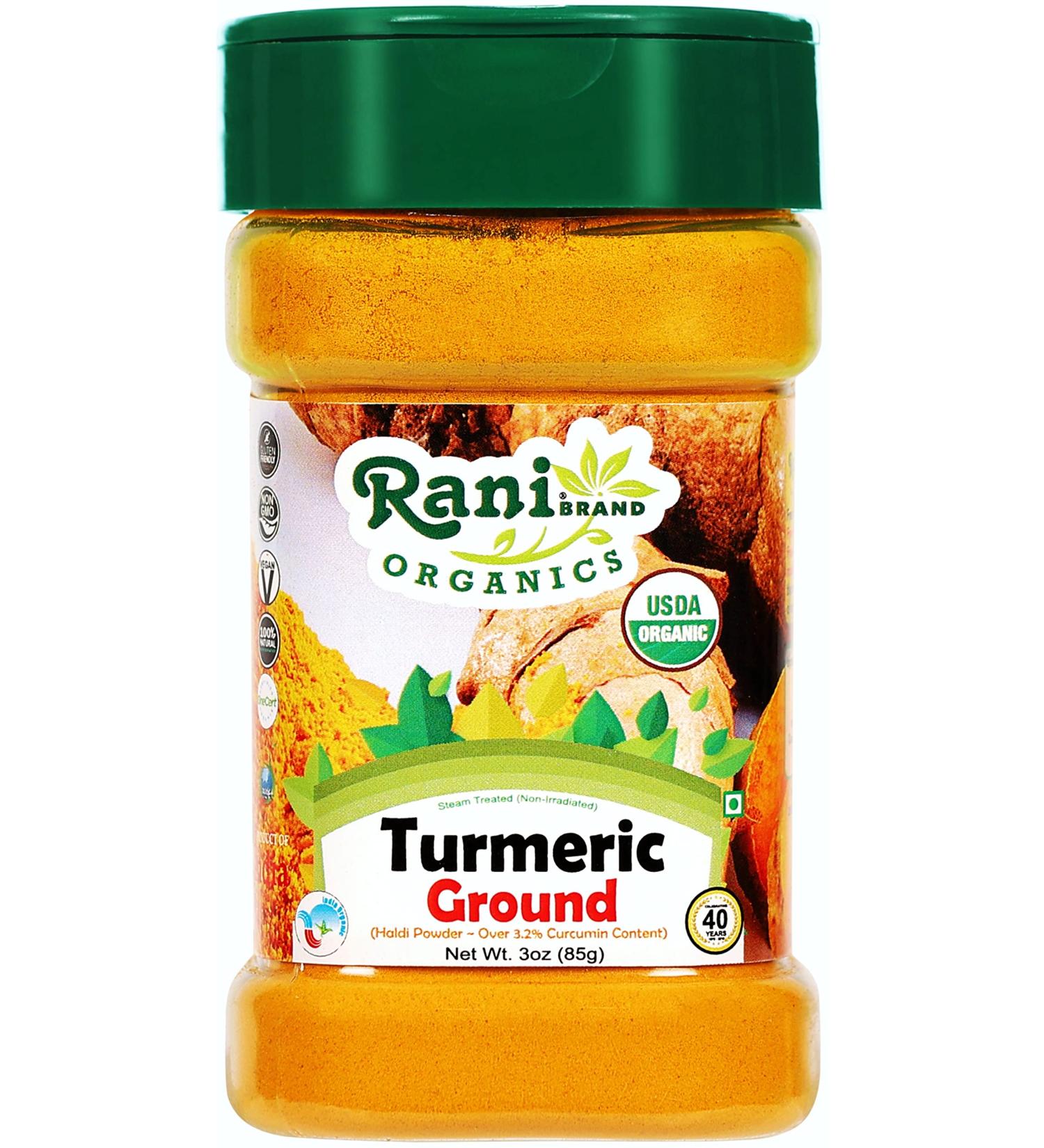 Rani Organic Turmeric (Haldi) Root Powder Spice - High Curcumin Content - 3oz PET Jar | USDA Certified Organic | Vegan, Gluten Friendly, NON-GMO - Indian Origin - Buy Online on GoSupps.com
