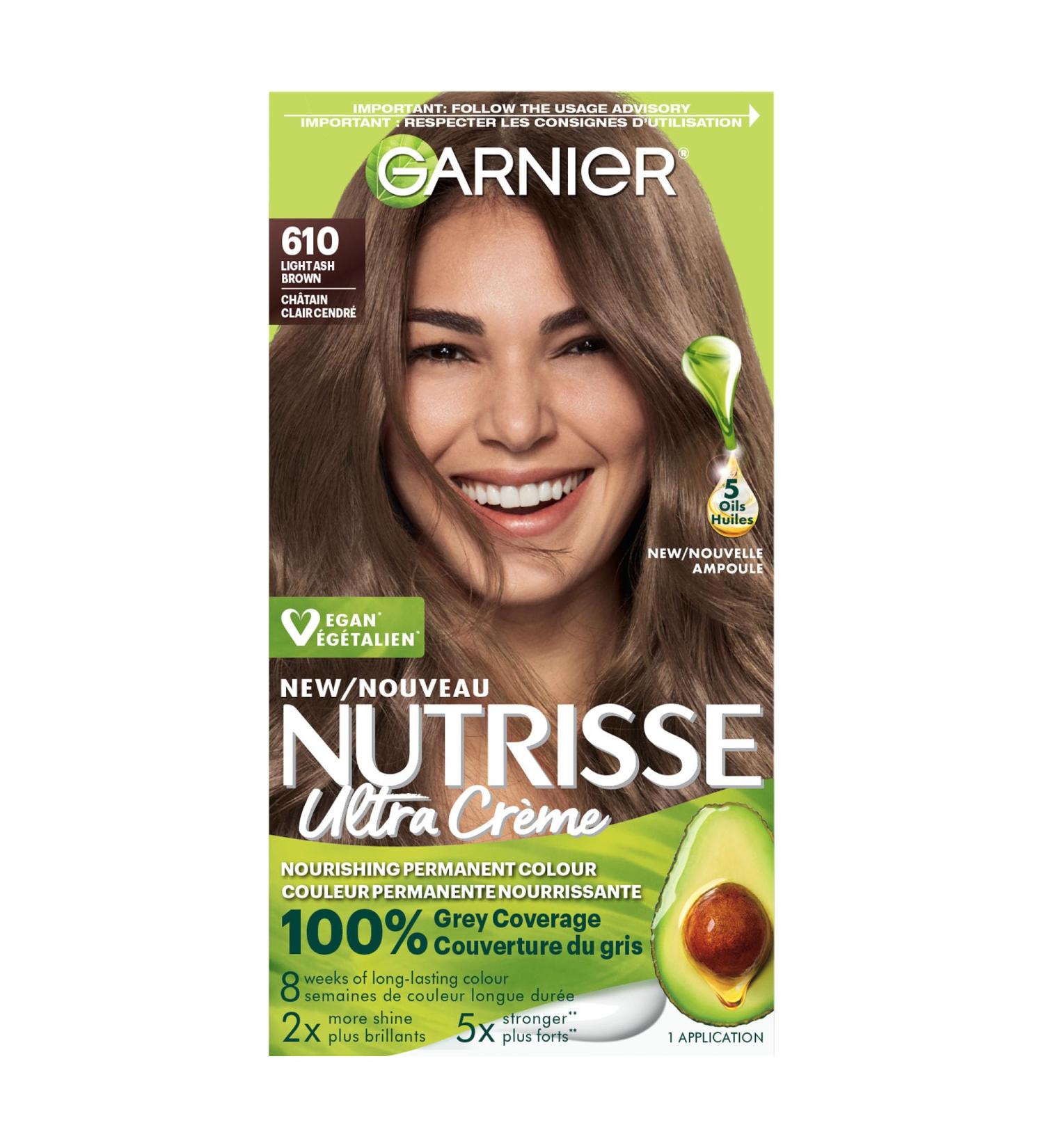 Garnier Nutrisse Ultra Cr me Permanent Hair Dye 100% Grey Coverage Vegan Formula Nourished Hair Long-Lasting Rich Colour 610 Light Ash Brown 1 Application Packaging May Vary BROWN SHADES 610 Light Ash Brown - Buy Online on GoSupps.com