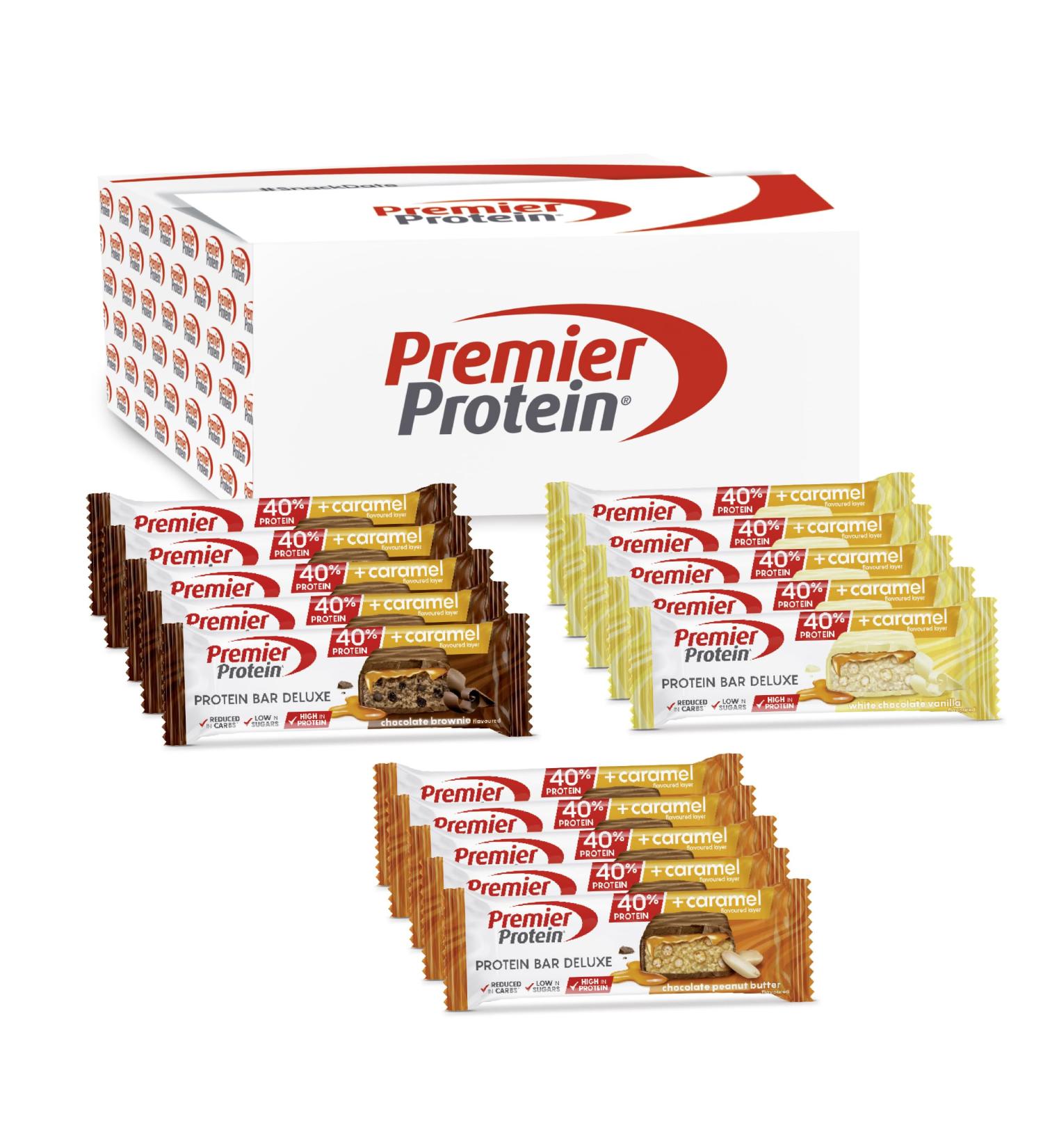 Premier Protein - Protein Bar Deluxe 40% - Multiflavourbox - 15x50g - faible en sucres pauvre en glucides sans huile de palme Multiflavour 15x50g - Buy Online on GoSupps.com
