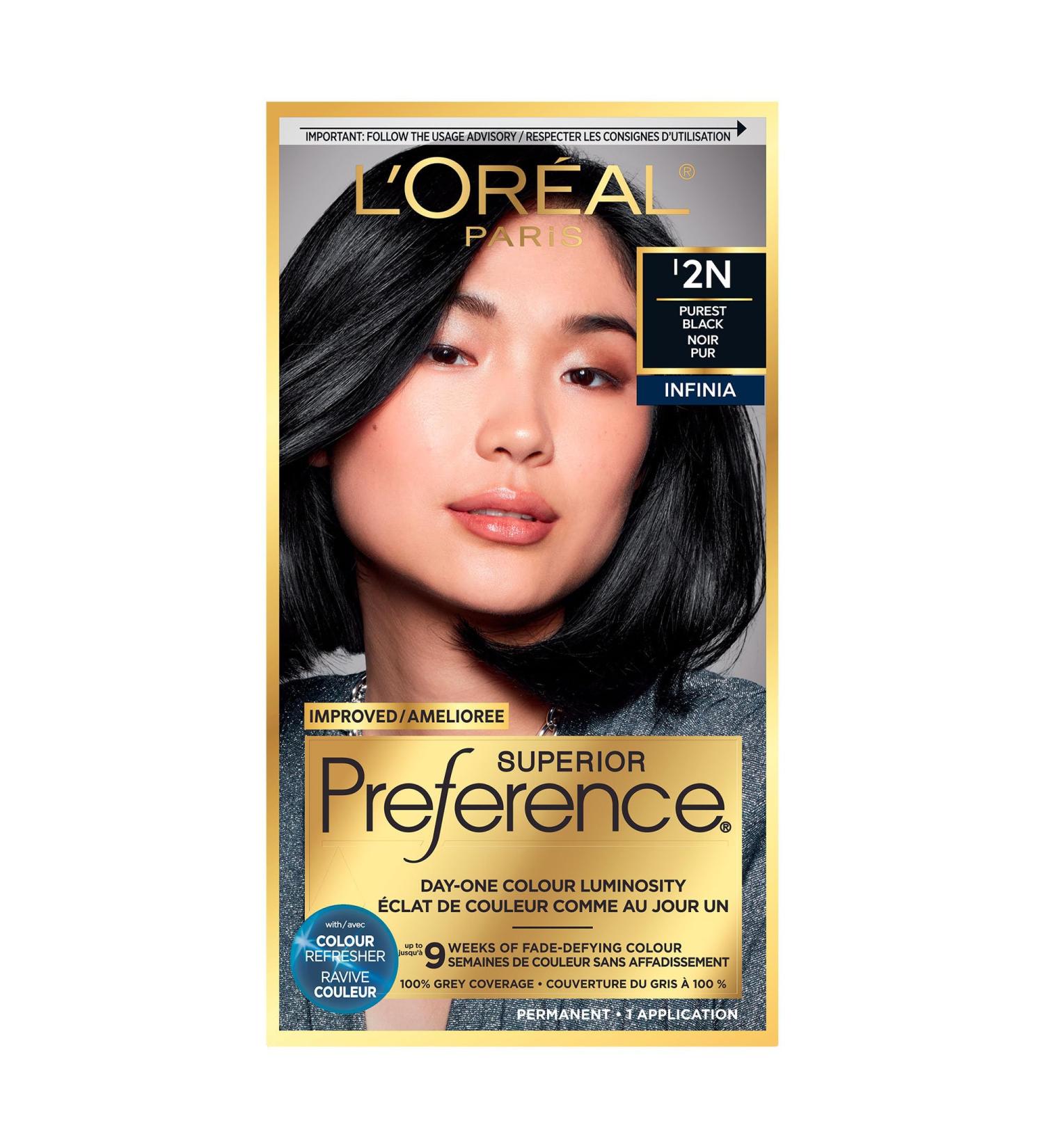 L Or al Paris Superior Preference 9 weeks of Luminous Fade-Defying Permanent Hair Dye 2N Purest Black 100% Grey Coverage 1 Hair Dye Kit (Packaging May Vary) Purest Black 1 Count ( Pack Of 1 ) - Buy Online on GoSupps.com