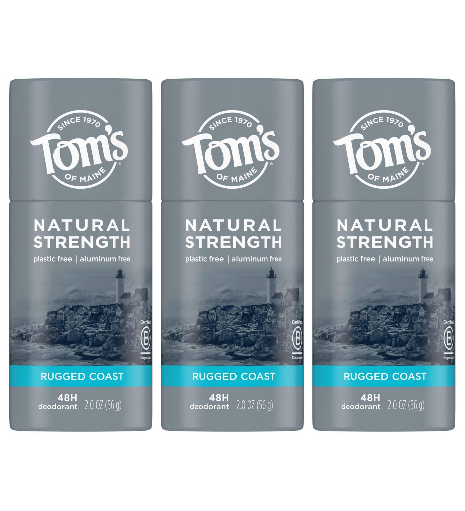 Tom's of Maine Natural Deodorant for Men - Rugged Coast, Plastic-Free, Aluminum-Free, 3-Pack (2 oz Each) - Buy Online on GoSupps.com