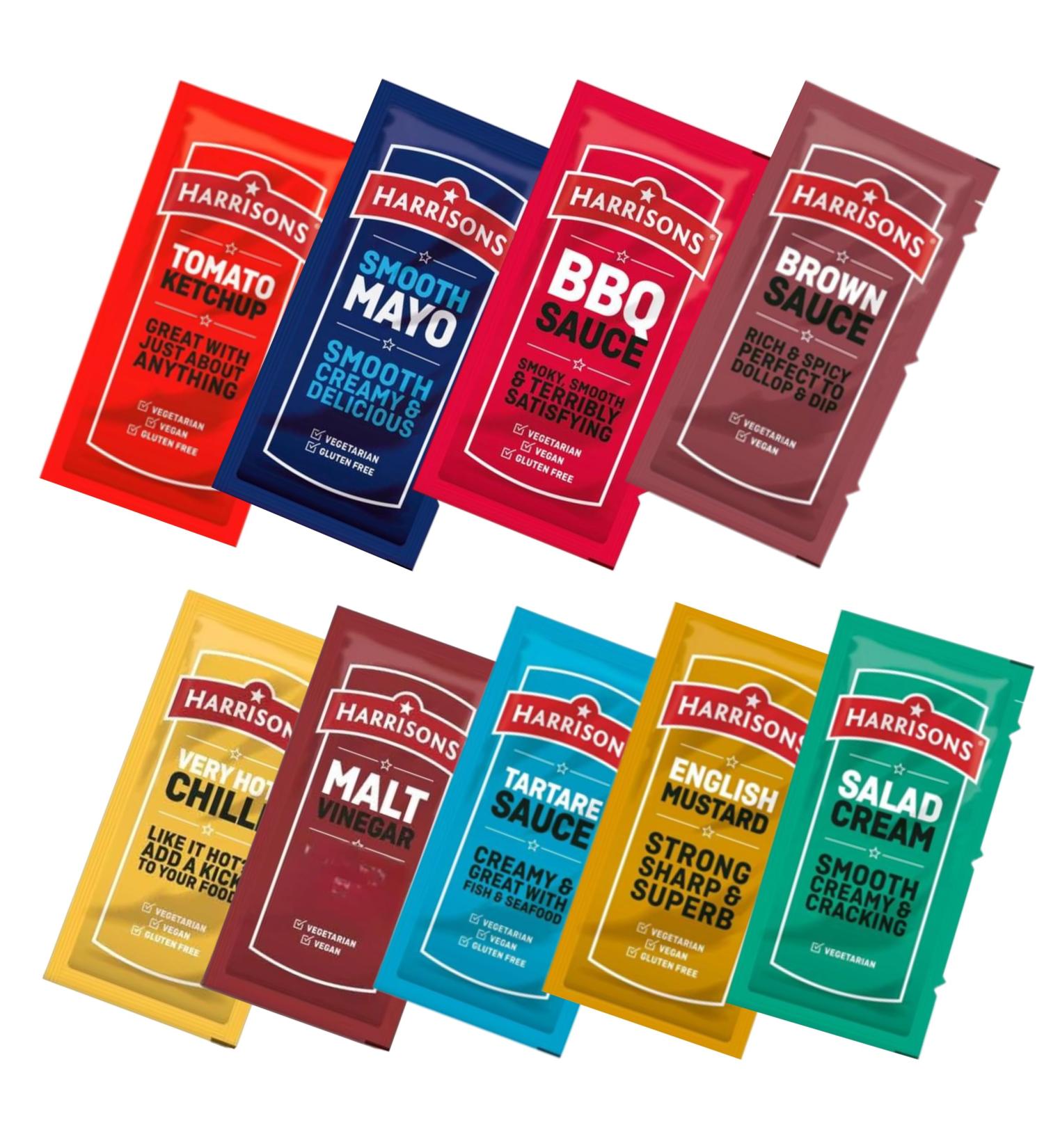 Harrisons Sauce Pick N Mix - Create Custom Sauce Combo with 6+ Flavours | Mayonnaise BBQ Brown Tomato Ketchup Salad Cream Tartare | 250 Sachet - Perfect Chips Gift Set for Chips Lovers - Buy Online on GoSupps.com