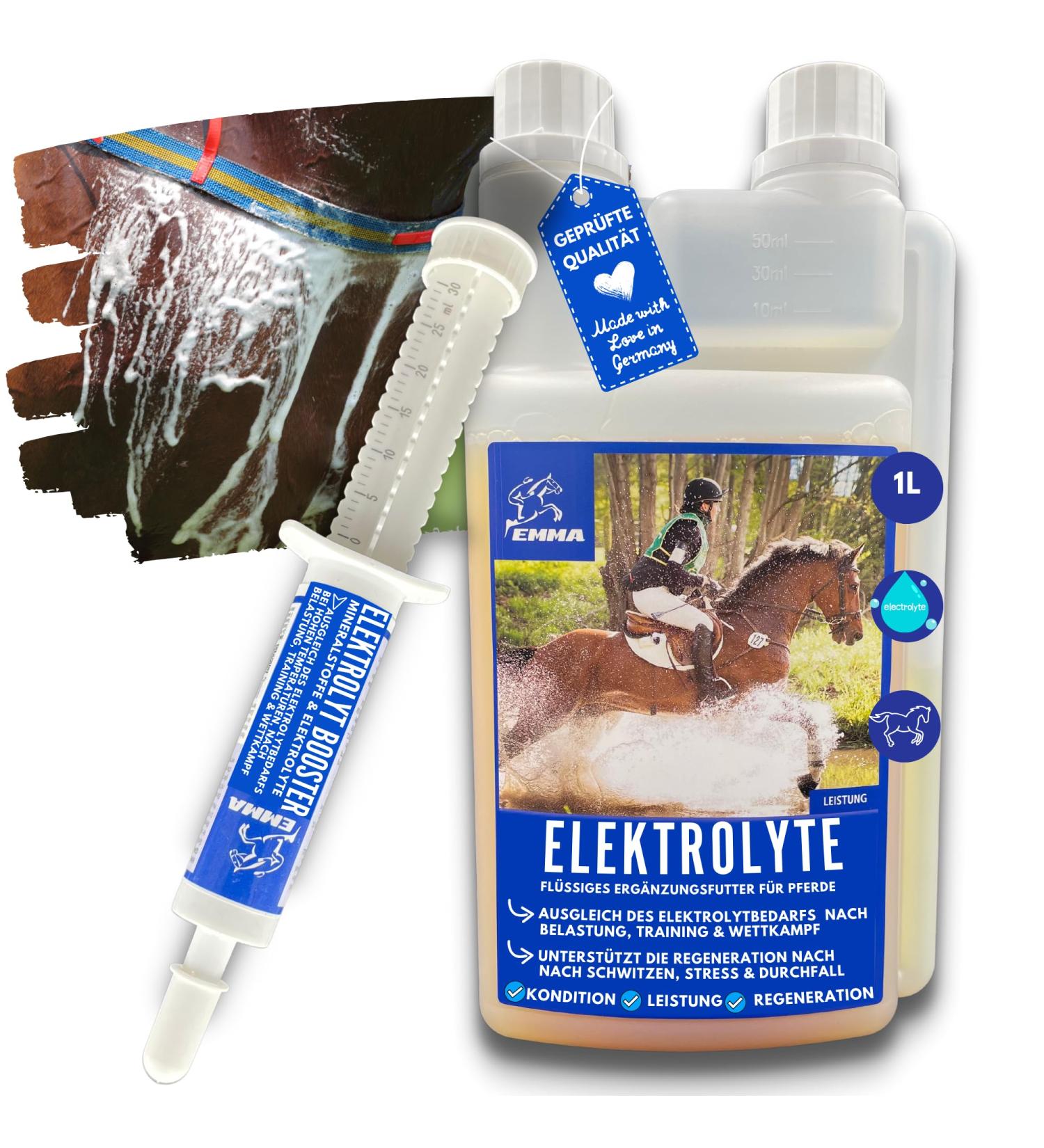Emma Electrolyte Horse Liquid & Paste | Vitamin B12 Minerals & Sodium for Optimal Hydration | 1L & 30ml - Prevent Diarrhea & Support Performance - Buy Online on GoSupps.com