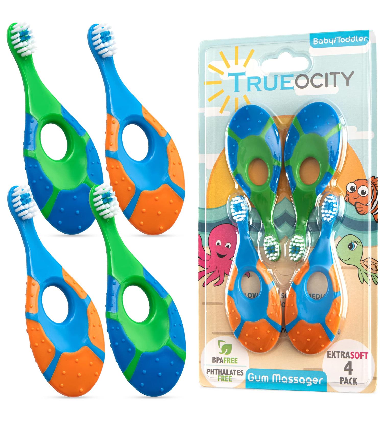 Trueocity Baby Toddler Toothbrush 4 Pack - Soft Bristles Teething Finger Handle Toothbrushes for 0-2 Years - BPA Free - Training First Set - Blue Green Orange - Buy Online on GoSupps.com