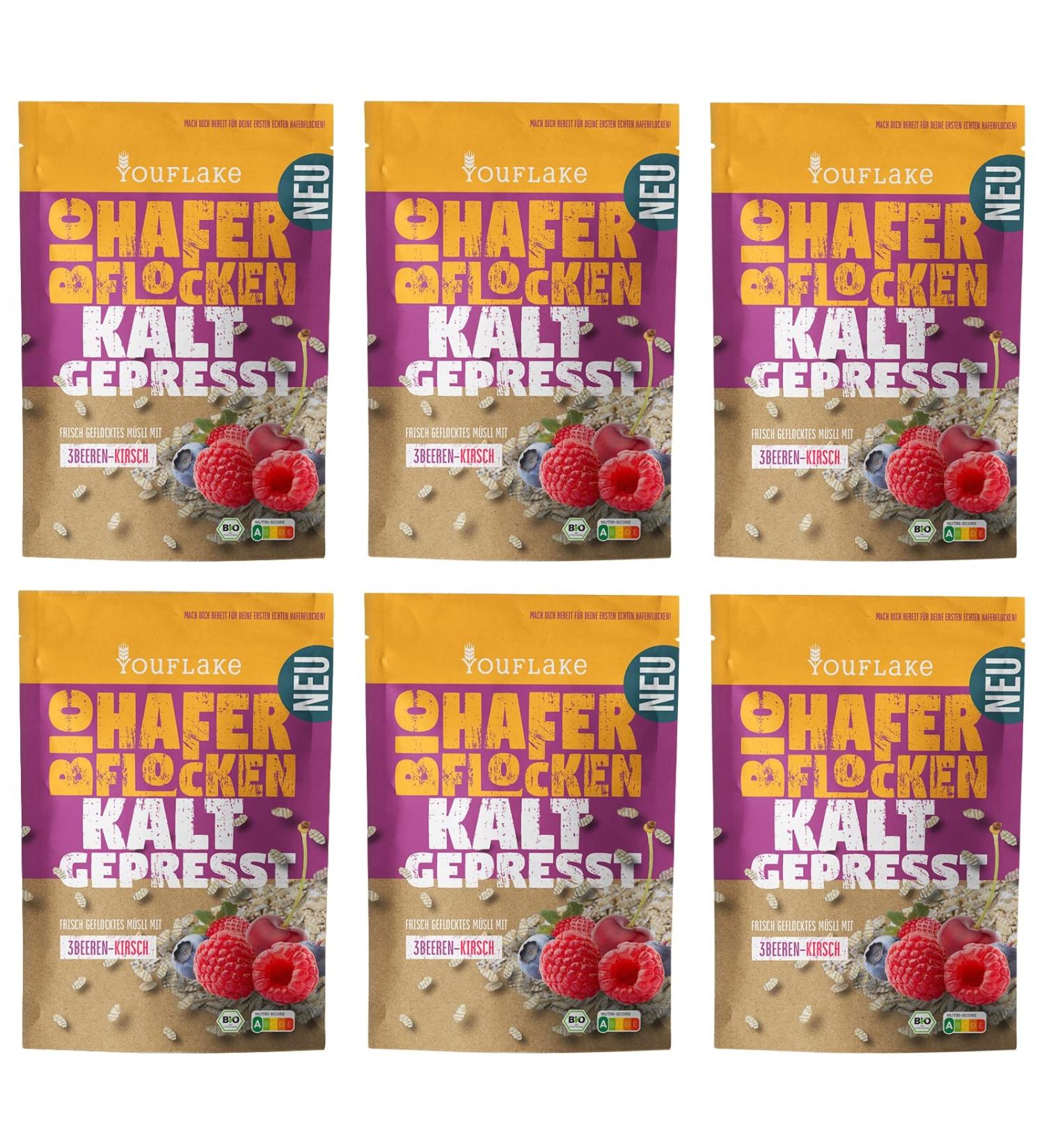 YouFlake YouFlake Organic Cold-Pressed Oat Flakes with 3 Berries and Cherries | 6 x 320g | Cereal Mix with Oat Flakes Fruit and Berries