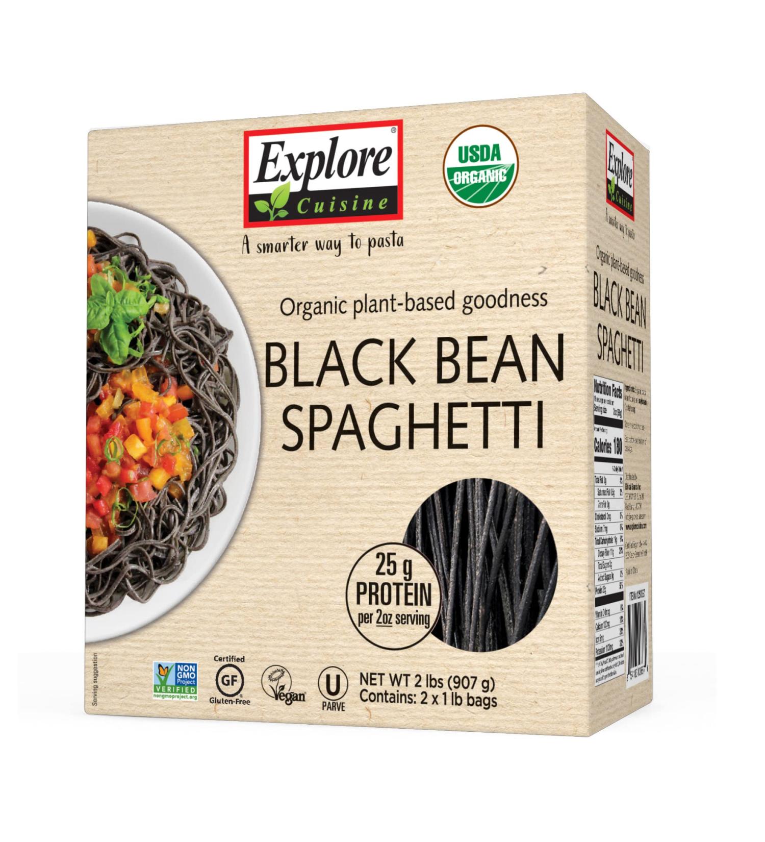 EXPLORE CUISINE Organic Black Bean Spaghetti (2 Pack) - Gluten Free & High Protein Pasta - USDA Certified Organic, Vegan, Kosher, Non GMO - 8 Total Servings - 2lb Pack - Buy Online on GoSupps.com