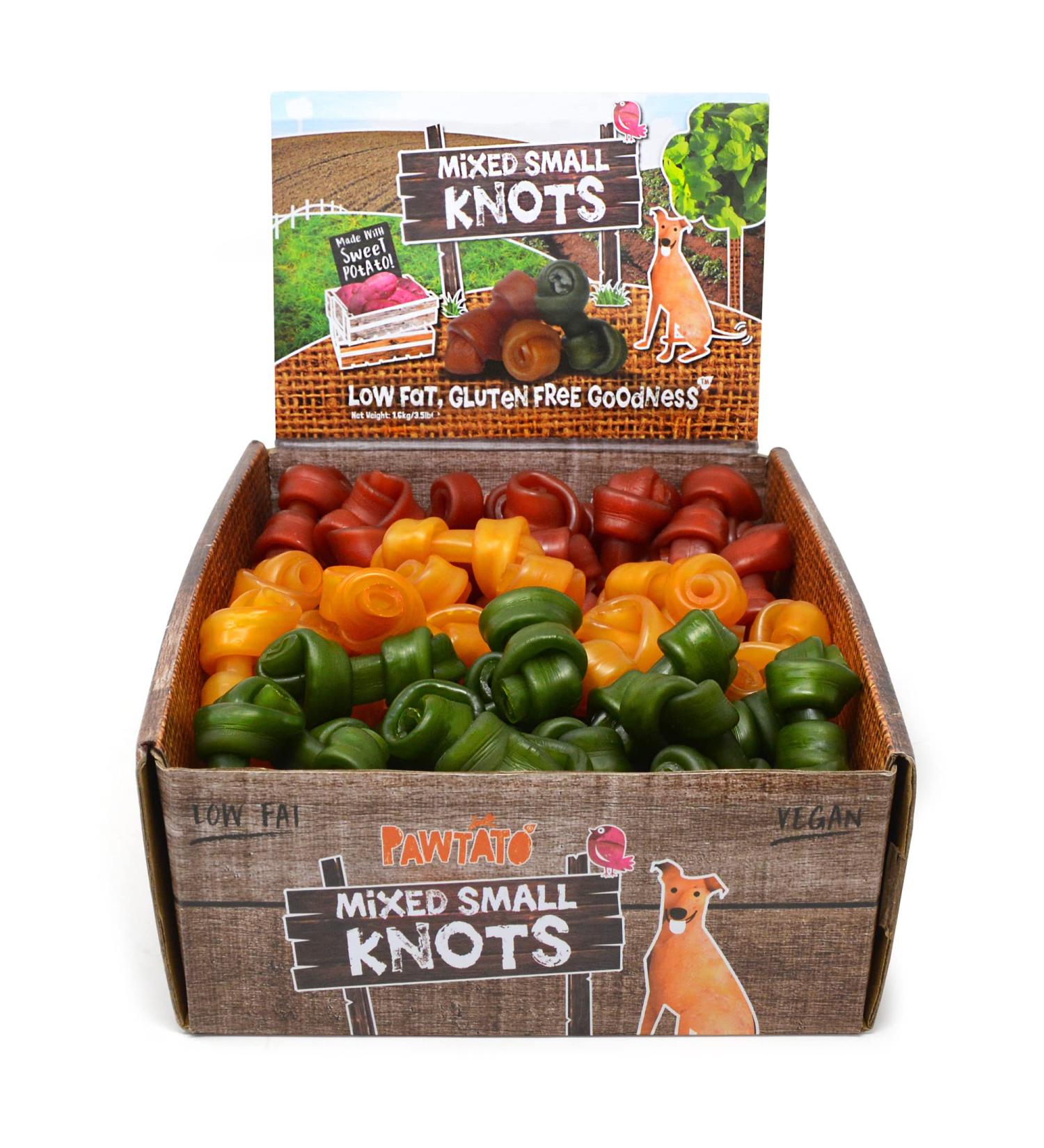 Pawtato Knots Small - Mixed Case Vegan dog Chews. Natural rawhide alternative dog treat. Low fat plant based hypoallergenic sweet potato chews 1.6kg Green/Orange/Red Sweet Potato 1.6 kg (Pack of 1) 1