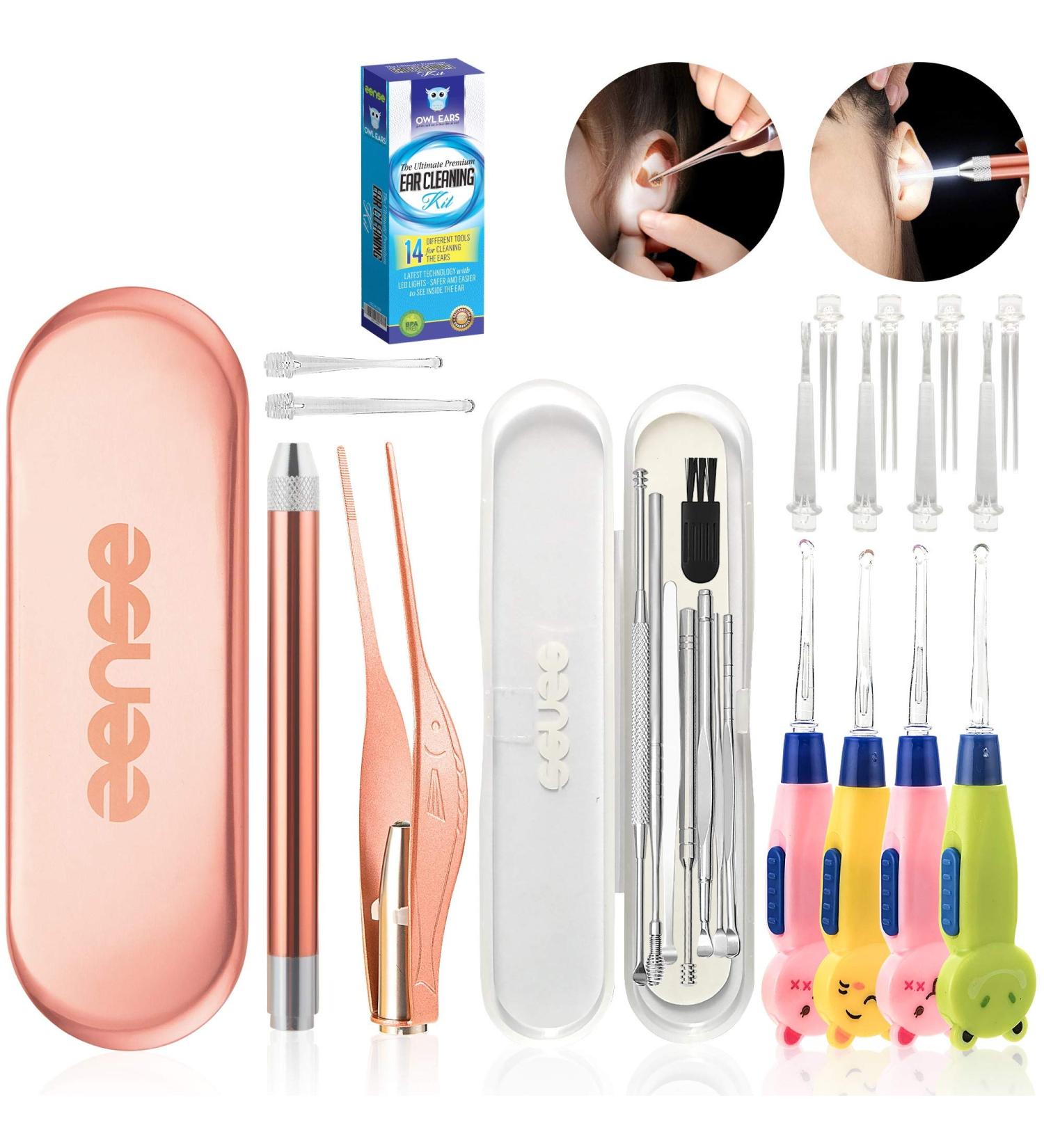 Owl Ear Premium 14-Piece Ear Wax Removal Tool with LED Light - Cute Animal Ear Picks Spoon Digger Scoop for Humans, Rose Gold - Buy Online on GoSupps.com