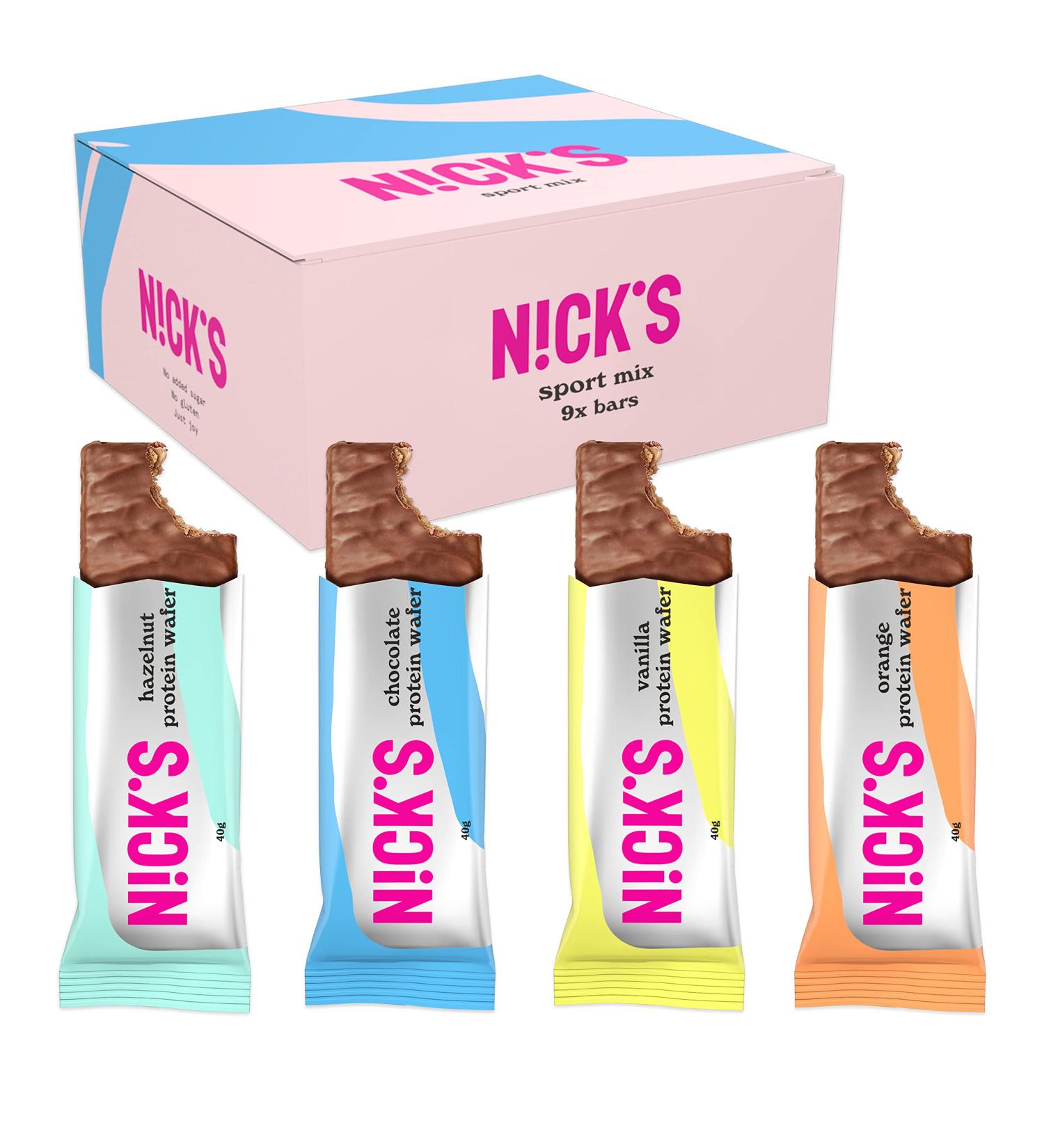 NICKS Protein Bar Sport Mix Box - Low Carb 30% Protein Chocolate Wafers - 194 Calories - Gluten Free Snacks Bars (9x40g) - Buy Online on GoSupps.com