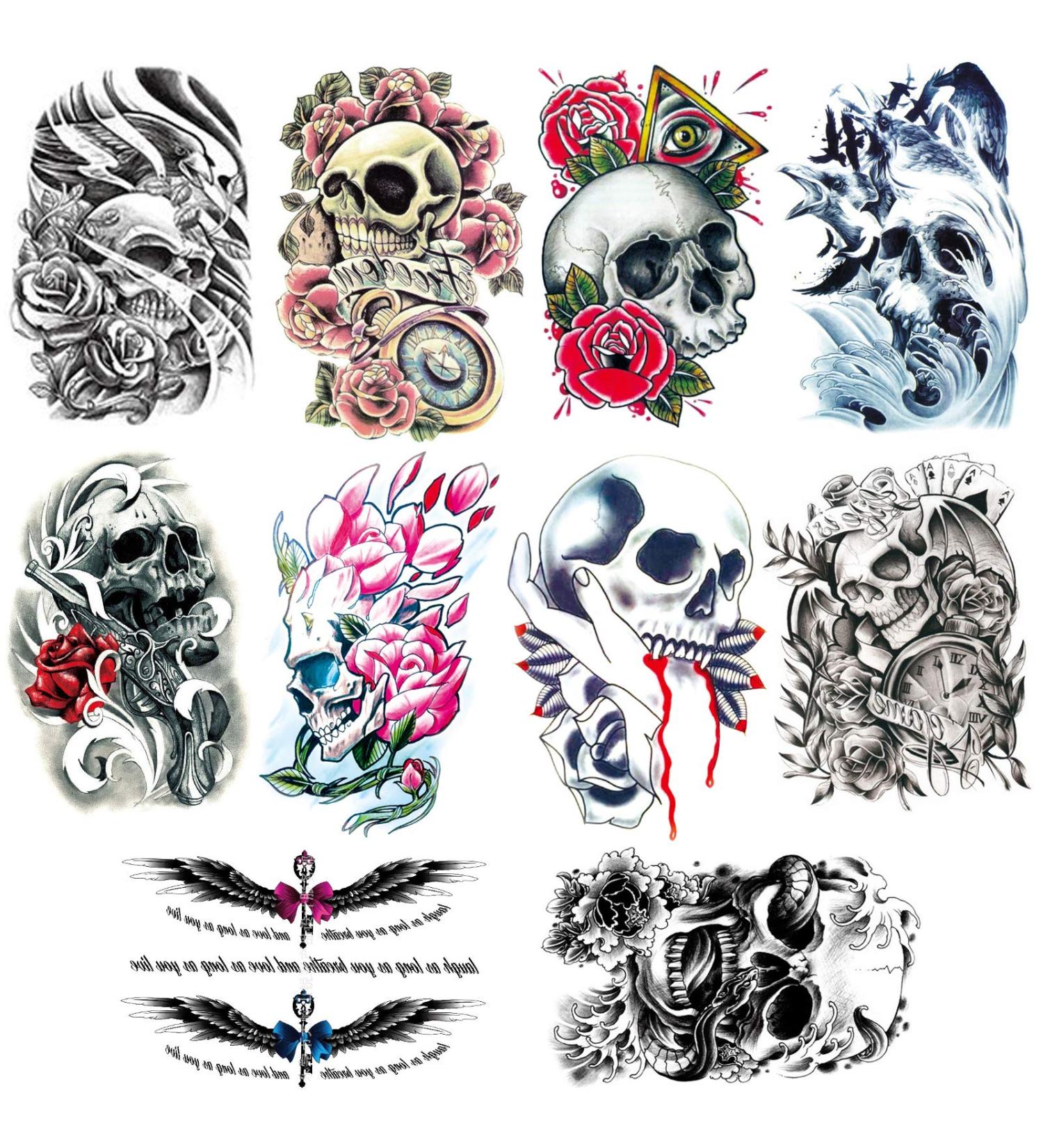 10 Sheets Large Arm Temporary Tattoos for Men - Skull Skeleton Fake Arm Tattoo Stickers for Halloween - Buy Online on GoSupps.com