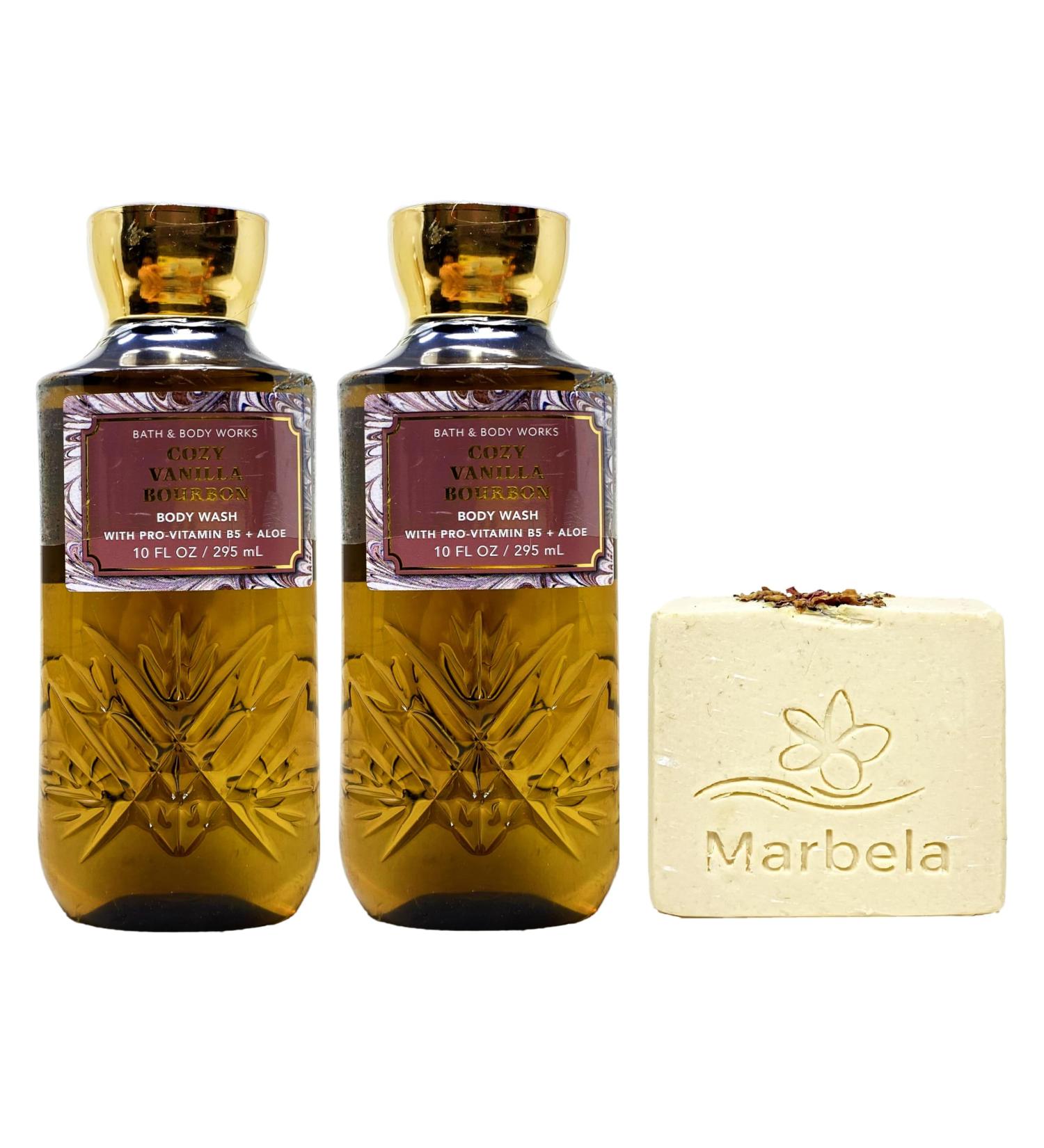 Bath & Body Works Cozy Vanilla Bourbon 2 Pack Body Wash Bundle with a Creamy Rose Bar Soap - Full Size