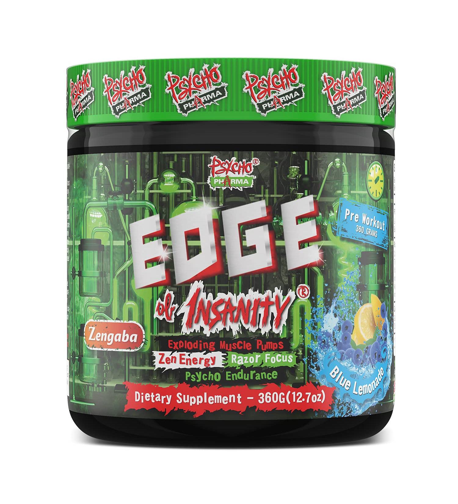 Psycho Pharma Edge of Insanity Pre Workout Powder - 360g (Blue Lemonade) | Zengaba Energy Boost for Intense Workouts - Buy Online on GoSupps.com