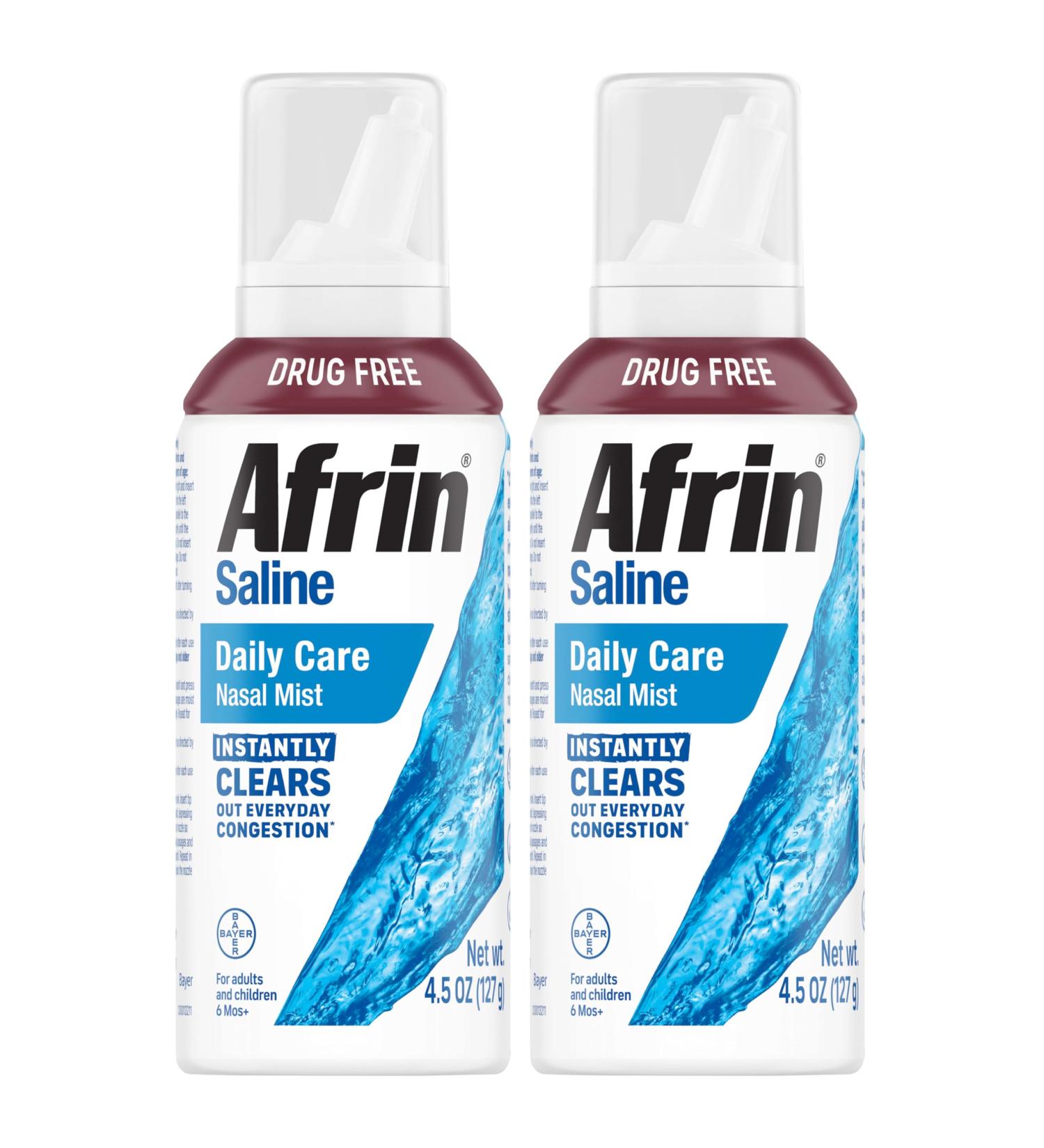 Afrin Saline Nasal Spray Twin Pack, 100% Drug Free, Saline Solution, Daily Care Nasal Spray for Everyday Congestion and Dry Nose, Easy Mist, 4.5 OZ (Pack of 2) 9 Ounce - Buy Online on GoSupps.com