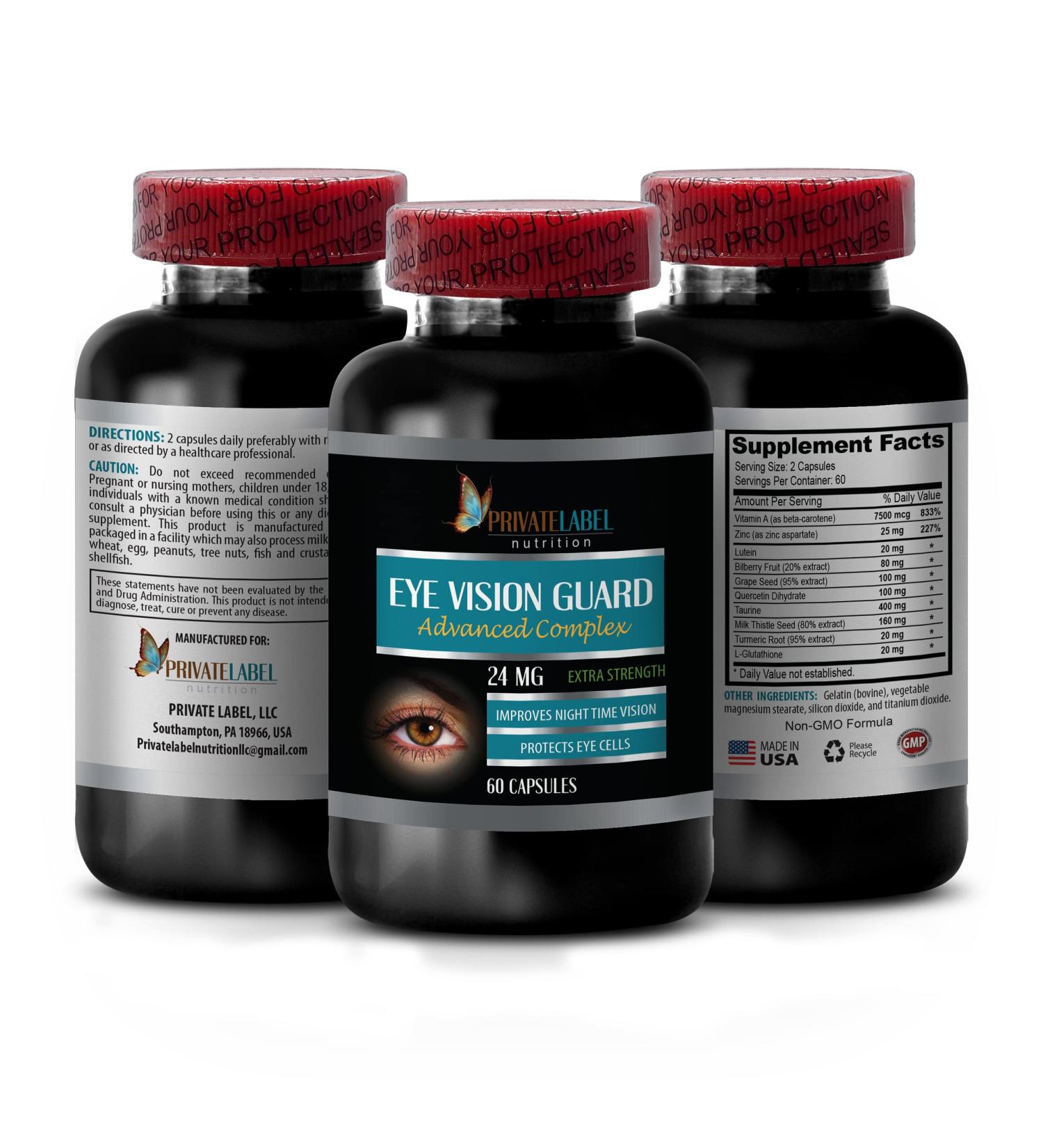 Vision Vitamins with Lutein - Eye Vision Guard 24 MG - Advanced Complex Eye Vision Support Lutein Supplements Vitamin A Supplement Turmeric Extract Bilberry Extract Taurine 1 Bot 60 Capsules - Buy Online on GoSupps.com