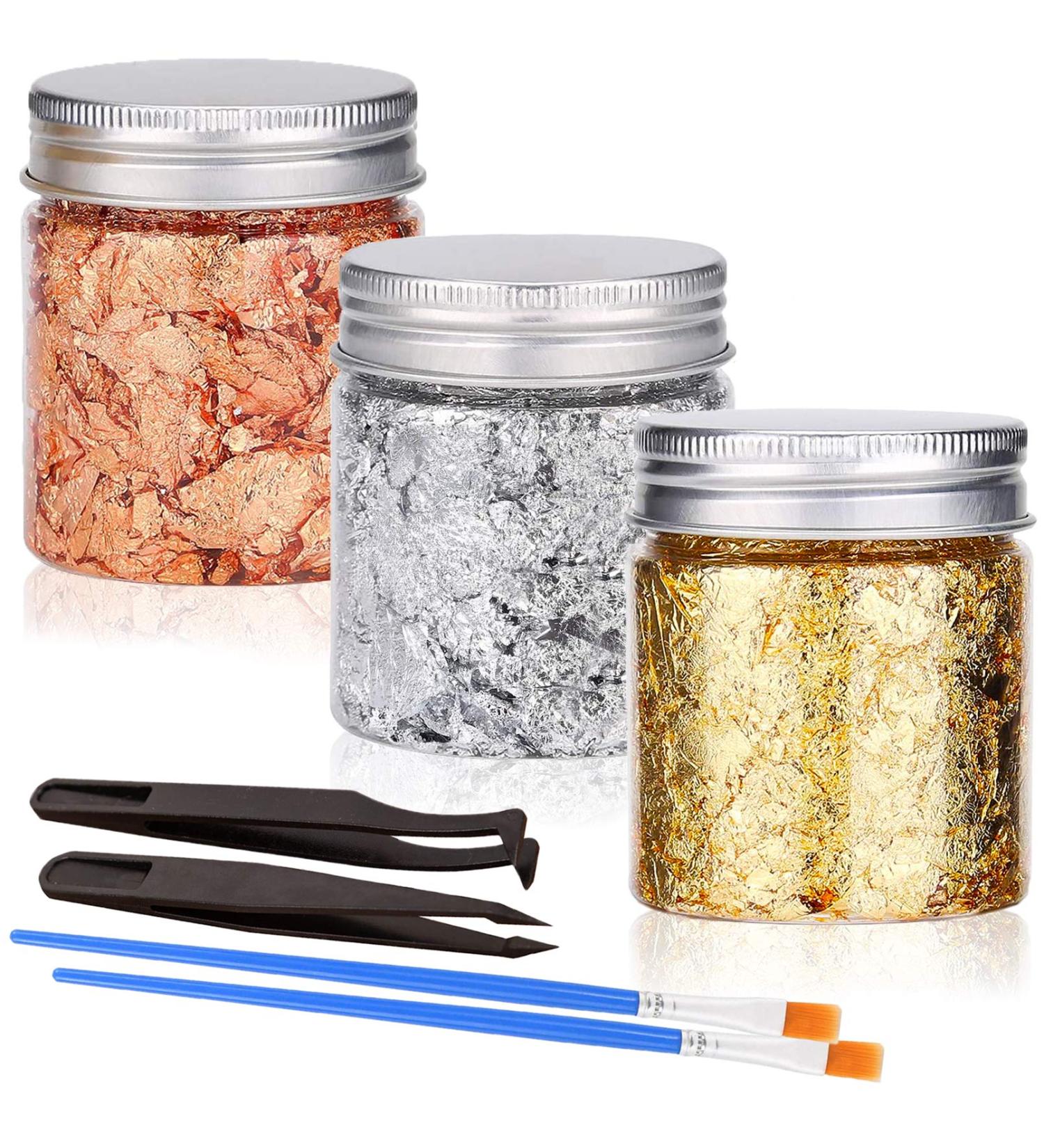 Gold Foil Flakes Set with Tweezers and Brush - 3 Bottles Metallic Leaf for Nail Art, Painting, Crafts, and Resin Jewelry Making (Gold, Silver, Copper - 3g) - Buy Online on GoSupps.com