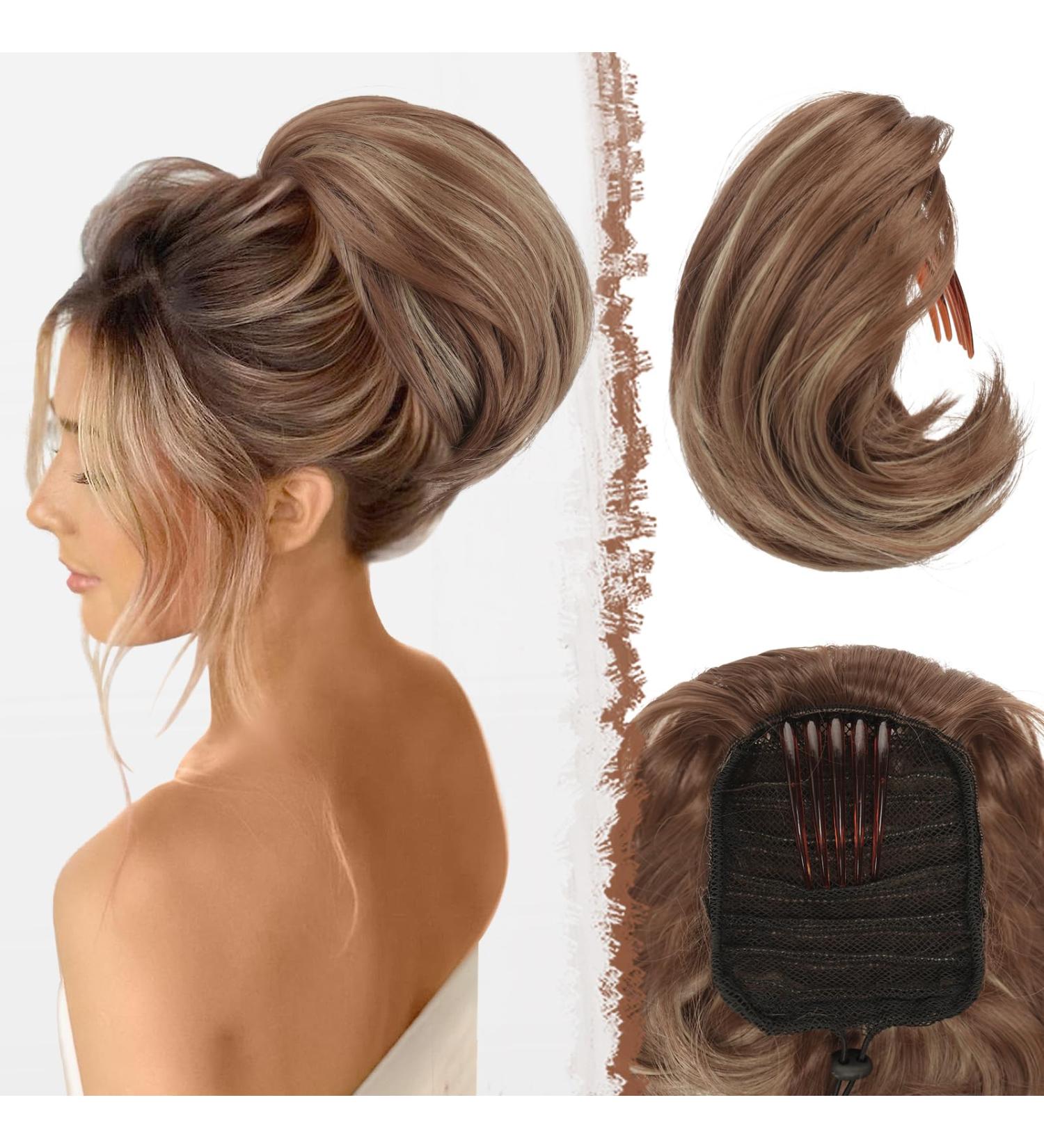 Feshfen Short Hair Part Dutt with Comb - Brown Mix Blonde Synthetic Hair Extensions for Women | Easy Chignon & Ponytail Styles - Buy Online on GoSupps.com