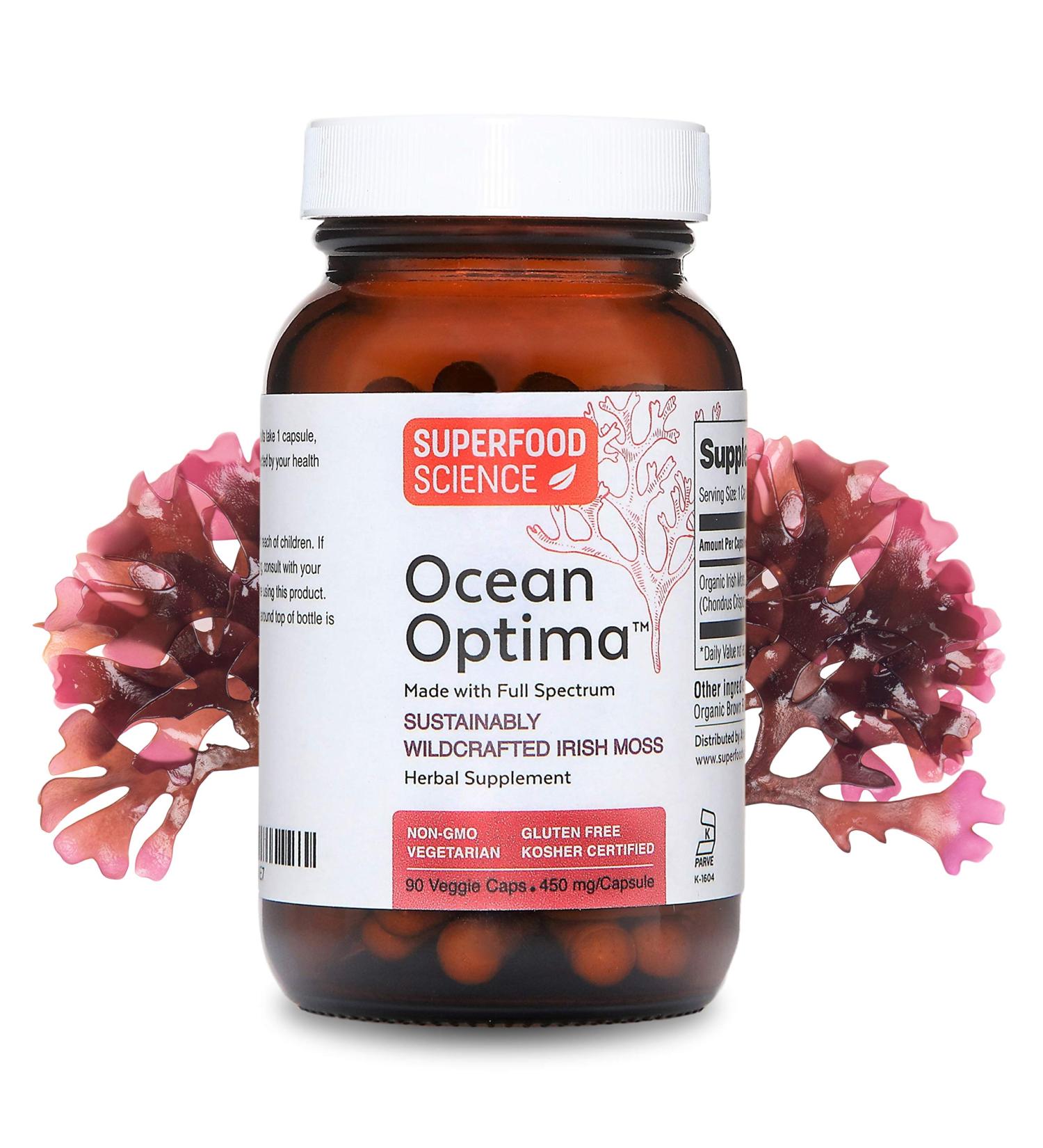 Ocean Optima Organic Sea Moss Capsules (Chondrus crispus) for Skin Nail Hair and Gut Naturally Occurring Kosher Iodine for Thyroid Support Single-Ingredient Wild Irish Seamoss Vegan 90 Servings - Buy Online on GoSupps.com