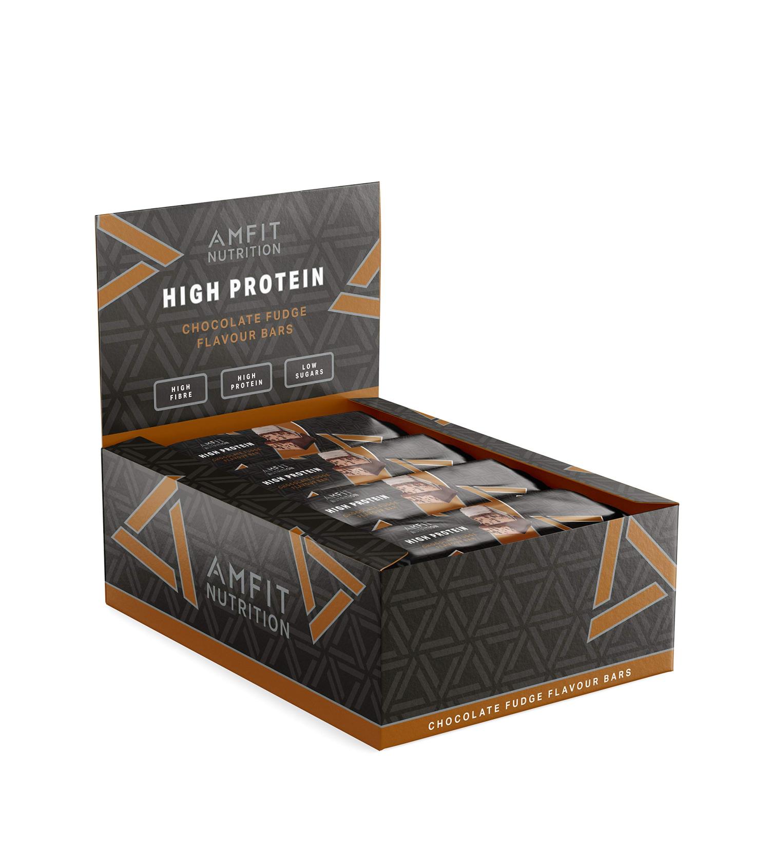 Amazon brand: Amfit Nutrition protein bar with low sugar content (19.6G protein-0.8G sugar) with chocolate fudge taste 60g 12-pack chocolate fudge 60 g (12 Pack)