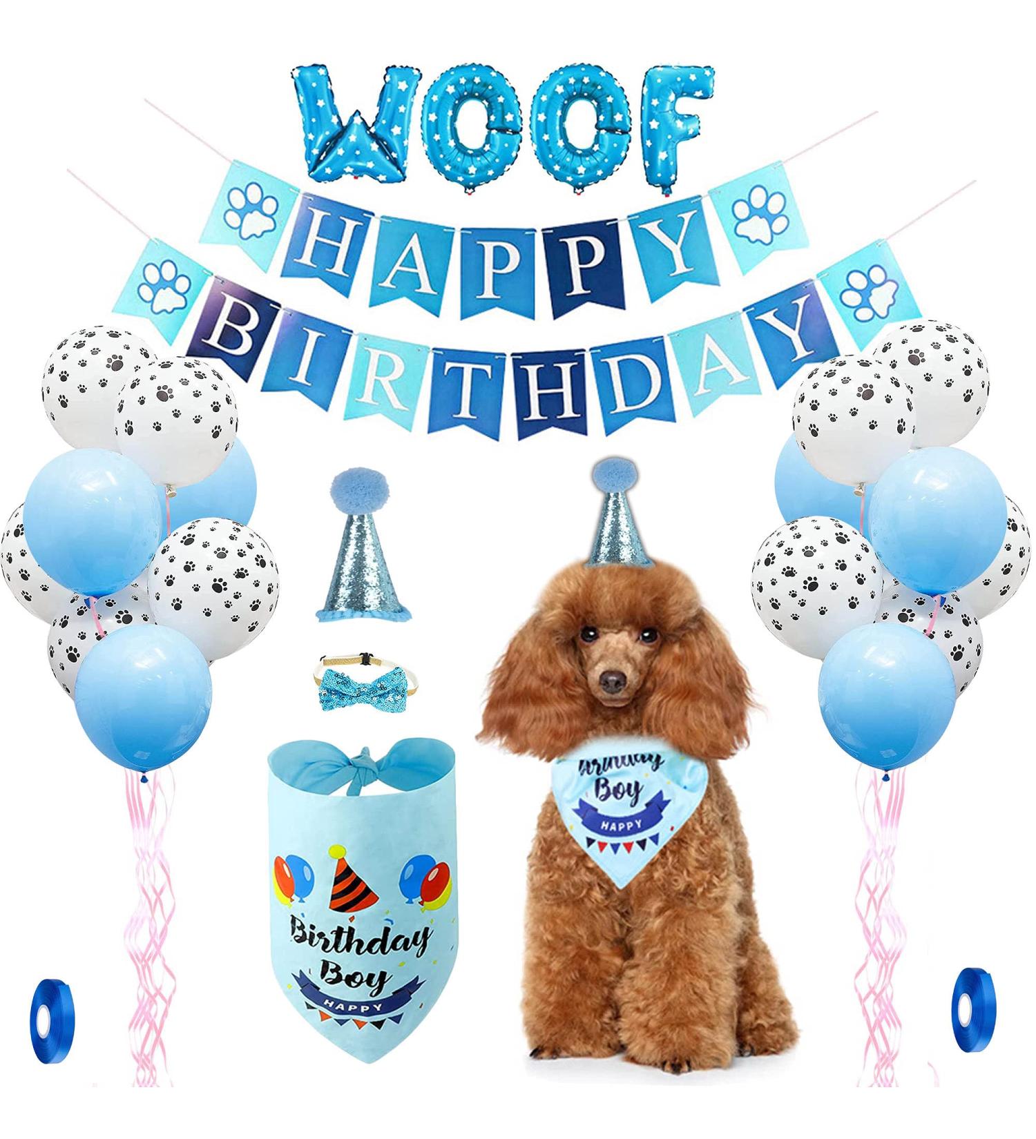 Dog Birthday Party Accessories: Bandana Hat Set Happy Birthday Banner & Paw Print Balloons for Pet Girls - Buy Online on GoSupps.com