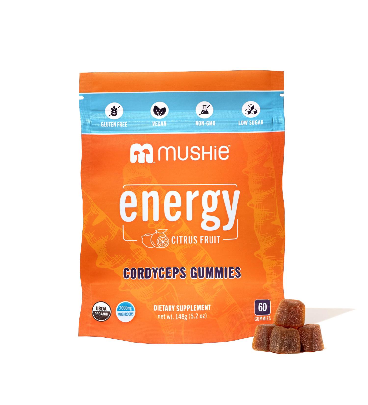 Mushie 100% Organic Cordyceps Mushroom Gummies - 2000mg Cordyceps Militaris Nootropic for Energy & Immune Support with Vitamin D - Vegan Gluten-Free - 60 Count - Buy Online on GoSupps.com