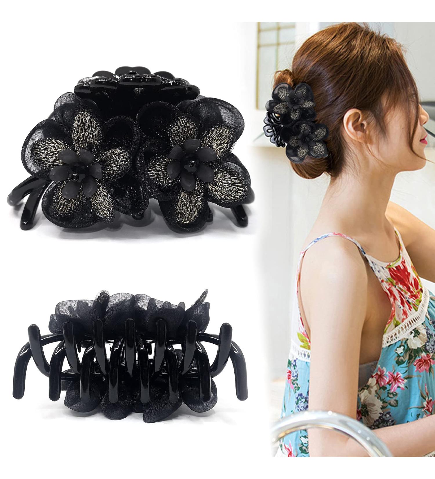 Flower Hair Claw Banana Clip Strong Hold Hair Grip for Thick Hair (Black) - Buy Online on GoSupps.com
