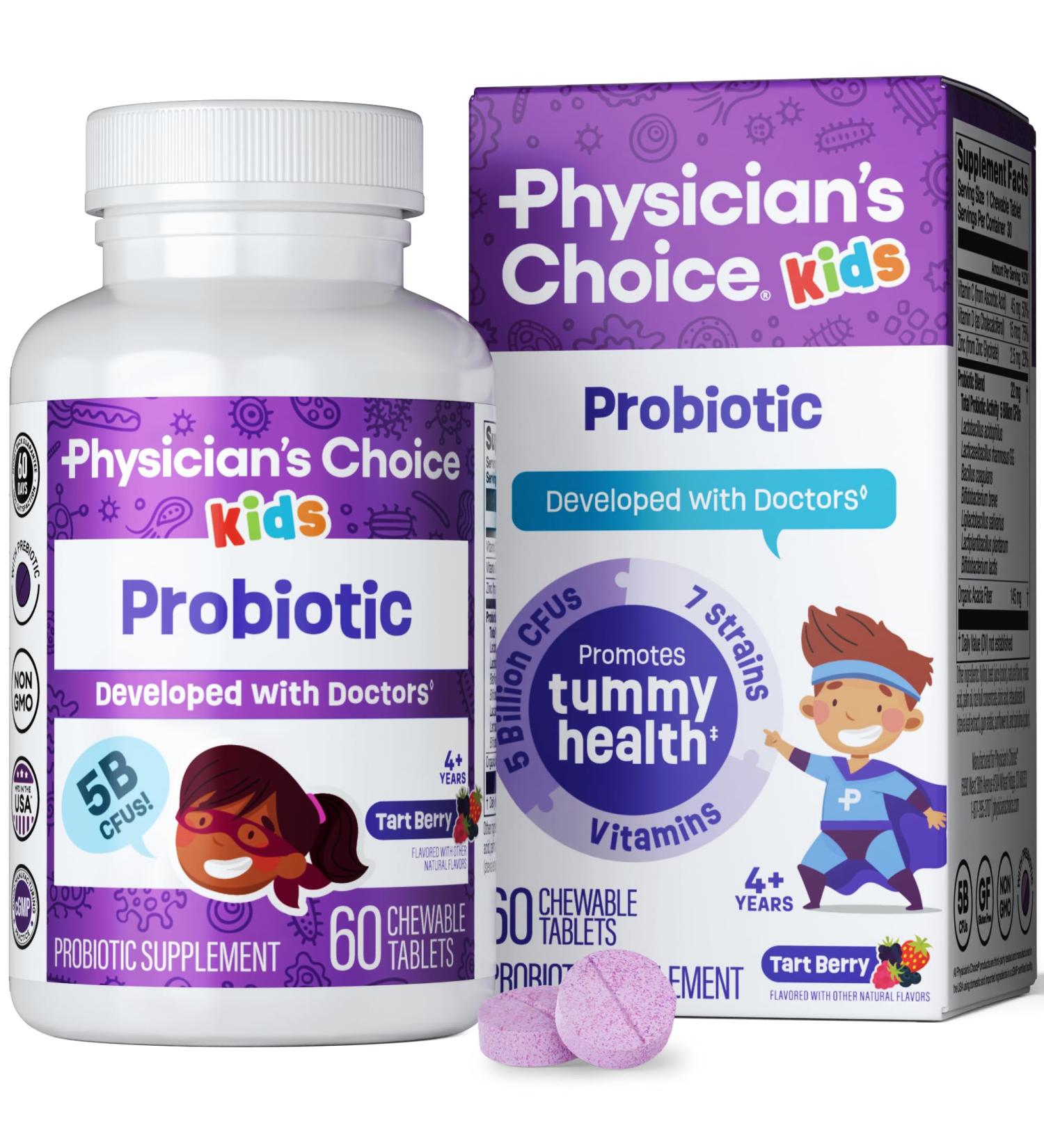 Physician's CHOICE Probiotics for Kids - 7 Diverse Strains Organic Prebiotics Vitamins & Minerals - Clinically Studied L. Rhamnosus - Immune & Digestive Support - No Sugar or Artificial Dyes - 60ct Tart Berry 60 Count (Pack of 1) - Buy Online on GoSupps.com