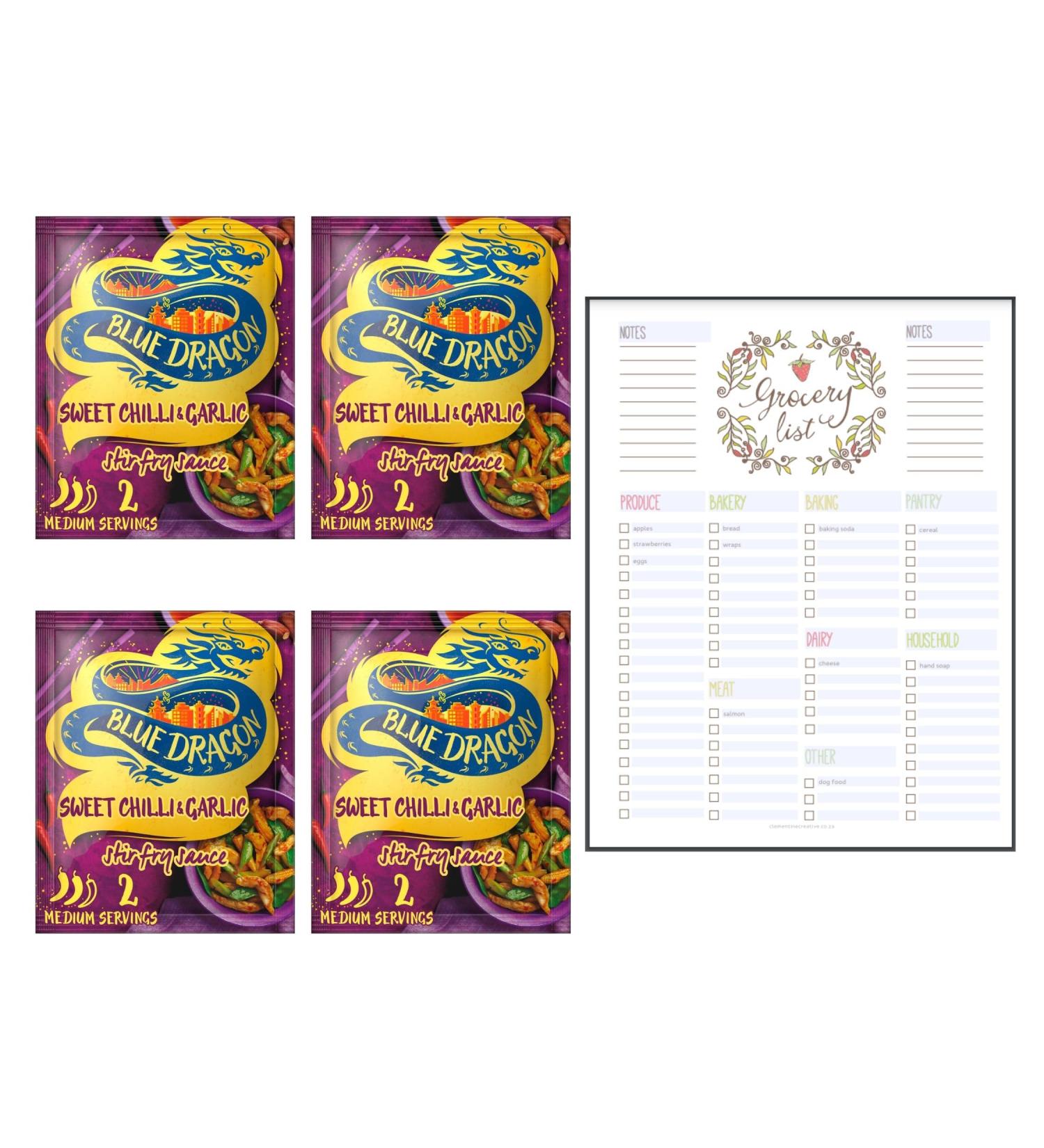 Sauce Mix Bundle which Contains Blue Dragon Sweet Chilli & Garlic Stir Fry Sauce 120g - Pack of 4 with Grocery List Card - Buy Online on GoSupps.com