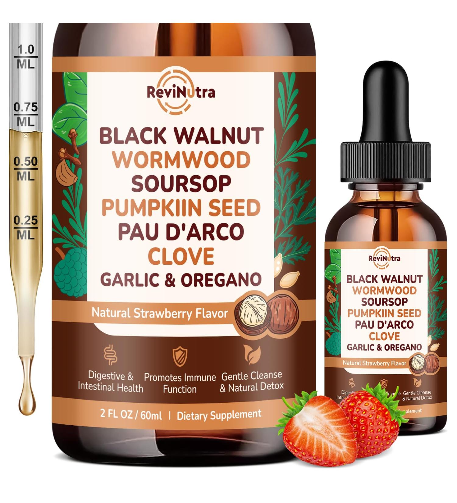 ReviNutra 16 in 1 Wormwood Black Walnut Clove Cleanse for Humans Liquid Drops with Soursop Oil of Oregano Pumpkin Seed PAU D arco Garlic for Gut Cleanse & Digestive Health, Strawberry Flavor 2 Fl Oz - Buy Online on GoSupps.com