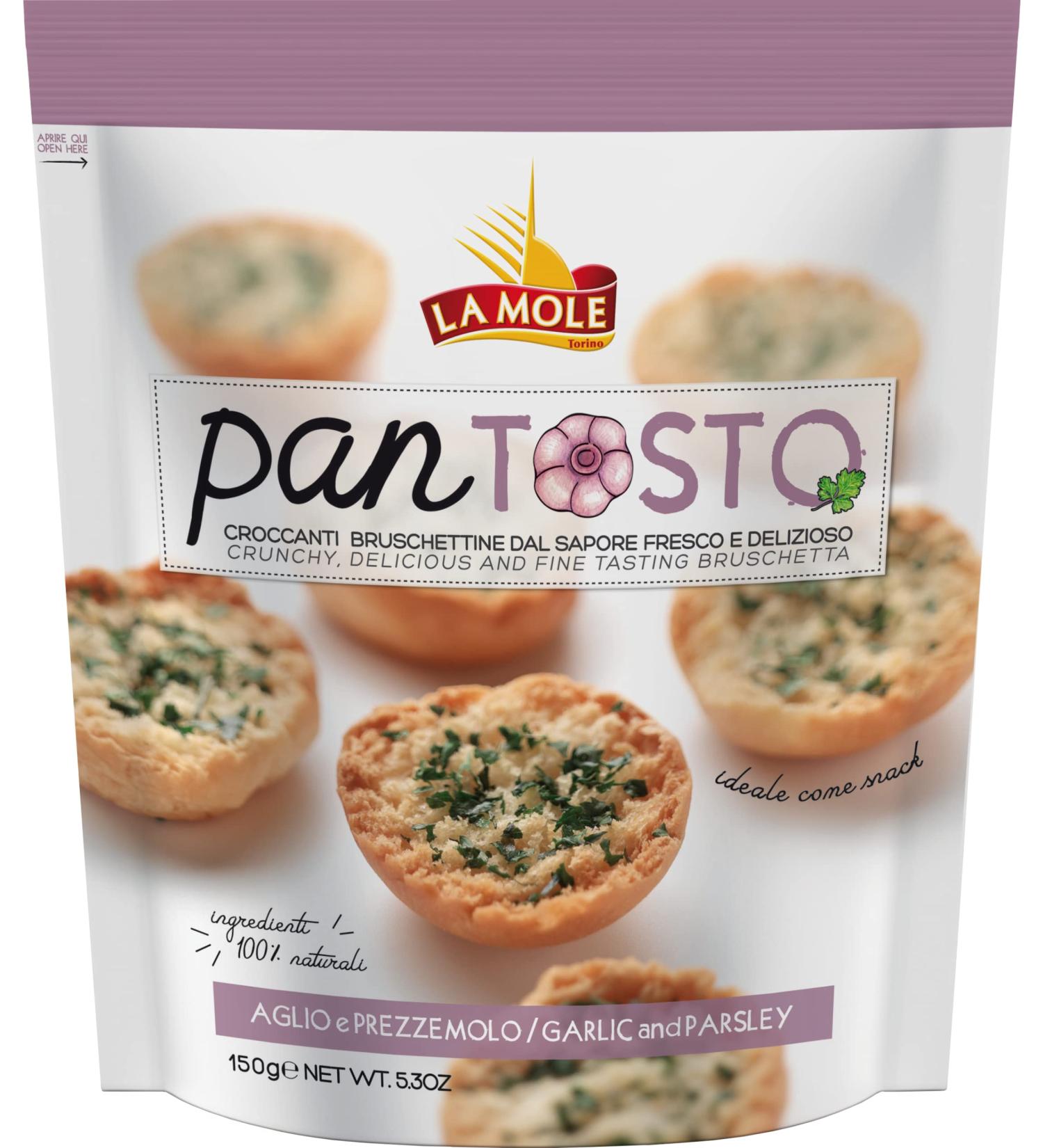 La Mole Garlic & Parsley Pan Tosto Oven Toasted Brushetta. Best Served with Meats Soft Cheeses & Tomatoes or Partnered with Dips and Soups Kosher Friendly 150g Bag