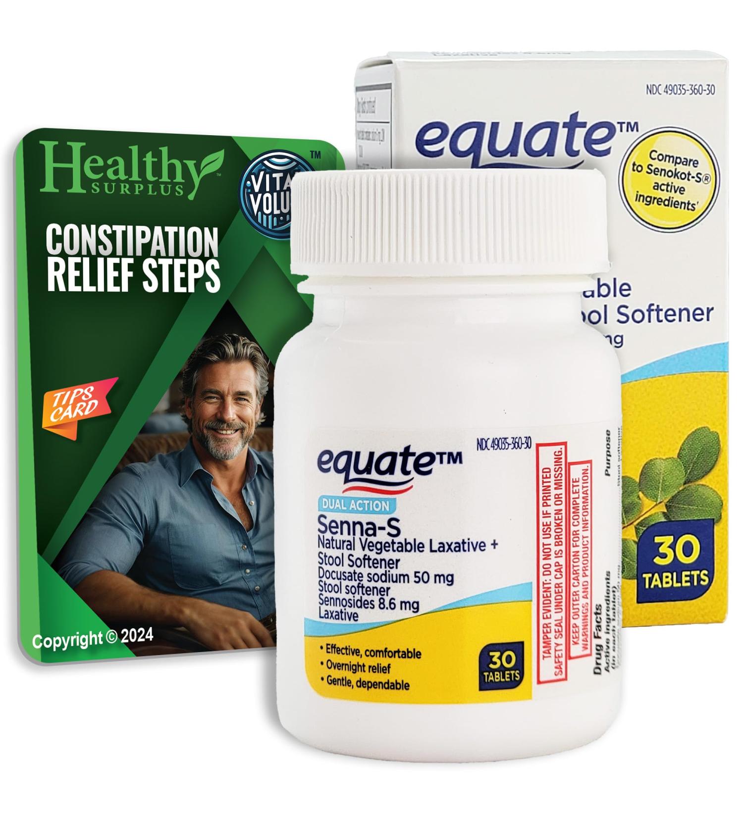 Equate Senna-S Natural Laxative & Stool Softener - 30 Tablets Bundle with Vital Volumes Constipation Tips Card - Effective Relief for International Shipping - Buy Online on GoSupps.com
