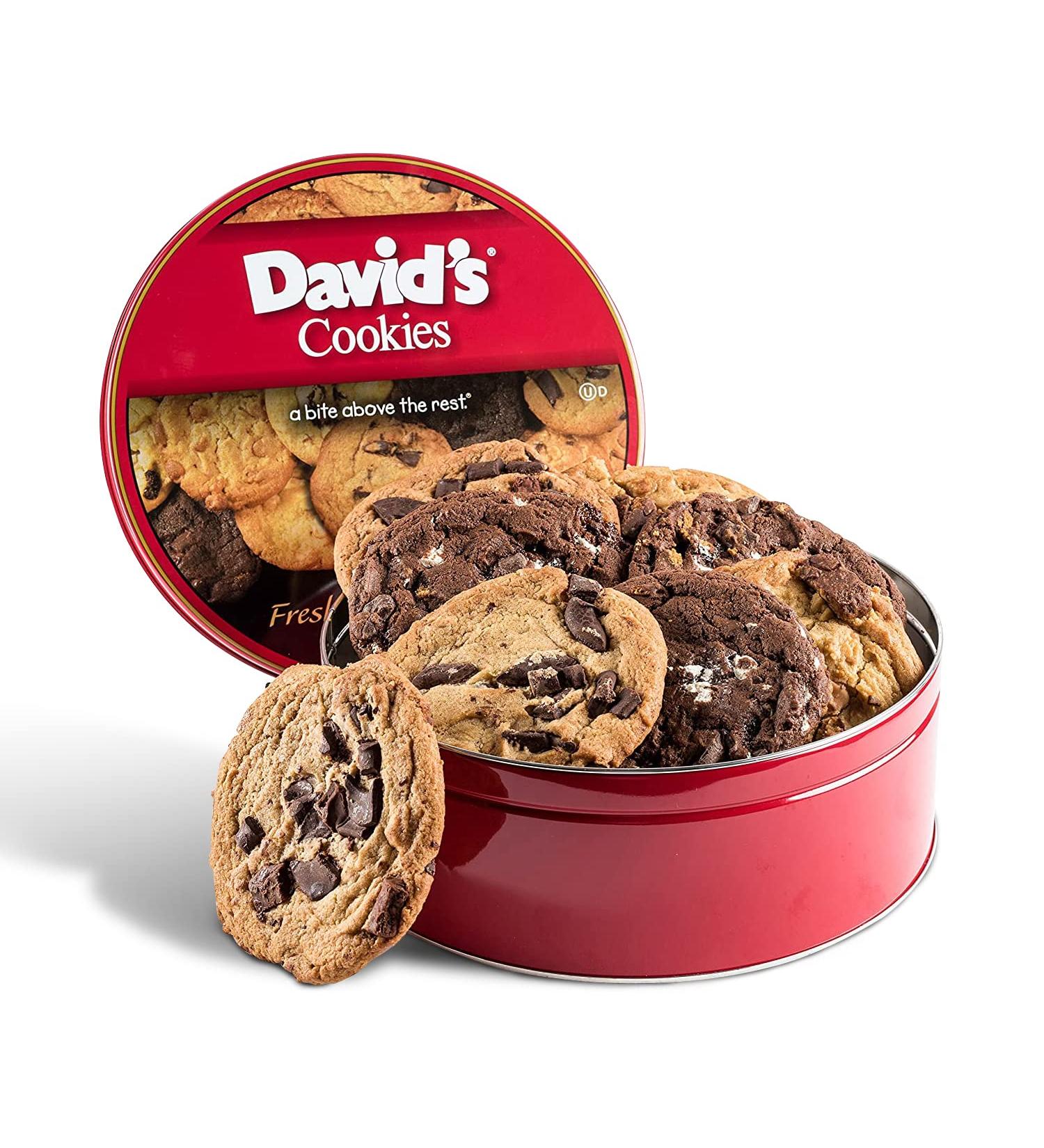 David's Cookies Assorted Fresh-Baked Decadent Cookie Gift Basket Tin - Large 4 oz. All-Natural Cookies with No Preservatives - Perfect Corporate Gift for Birthdays, Fathers, Mothers Day & More - Buy Online on GoSupps.com