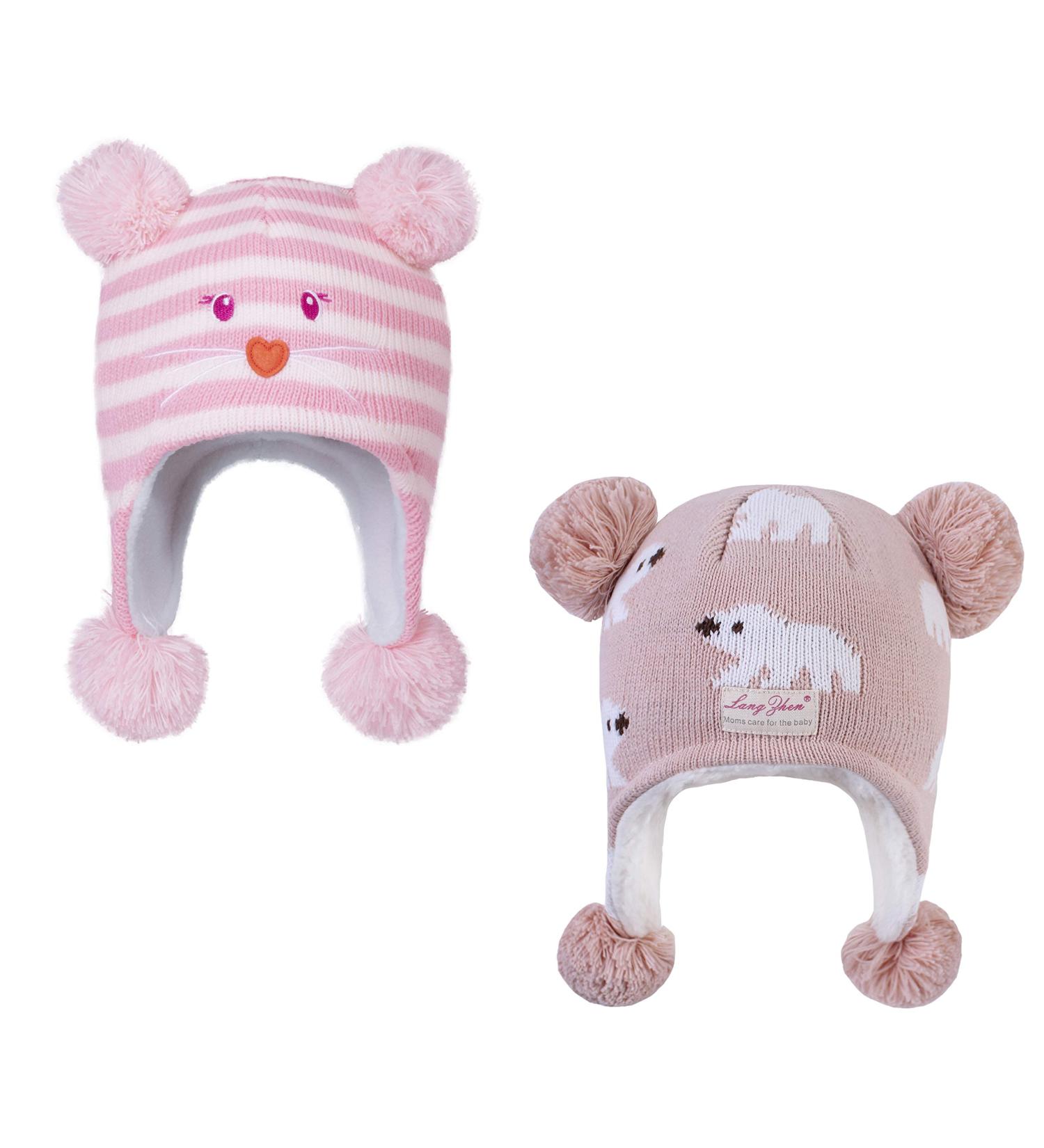 LANGZHEN Toddler Winter Hat Earflap Knit Cap for Baby Boys Girls 6-12 Months - Pink Stripe & Polar Bear Design - Fleece Lined Beanie - Buy Online on GoSupps.com