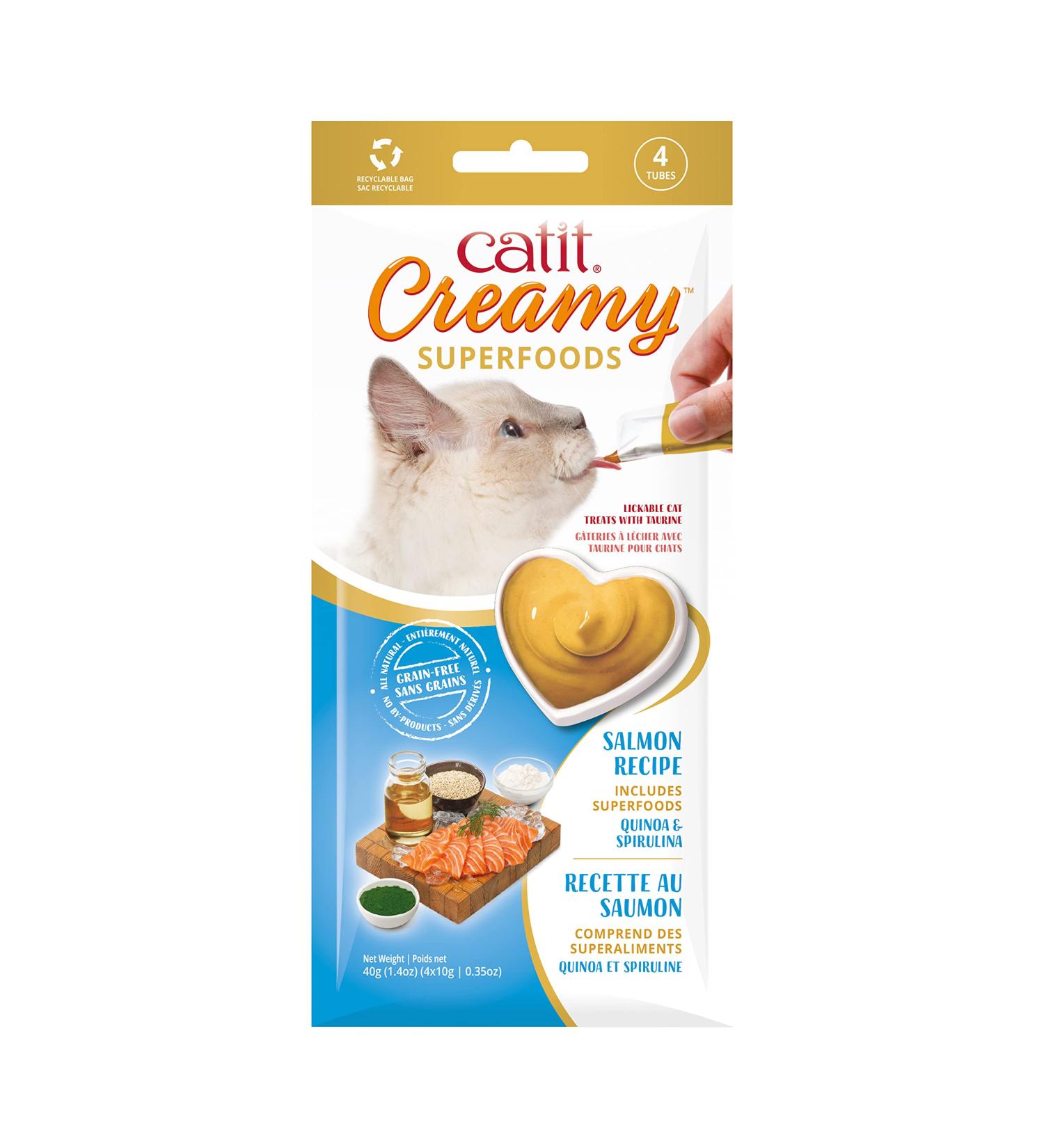Catit Creamy Superfood lick paste for cats with salmon and the superfoods quinoa and spirulina