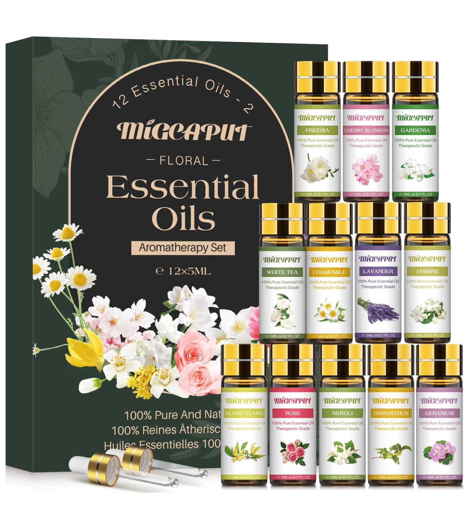 Migcaput 12x5ml Essential Oils Set - 100% Natural Aroma Diffuser Oils for Jasmine Lavender Geranium | Ideal for Diffusers Humidifiers & Massage - Buy Online on GoSupps.com