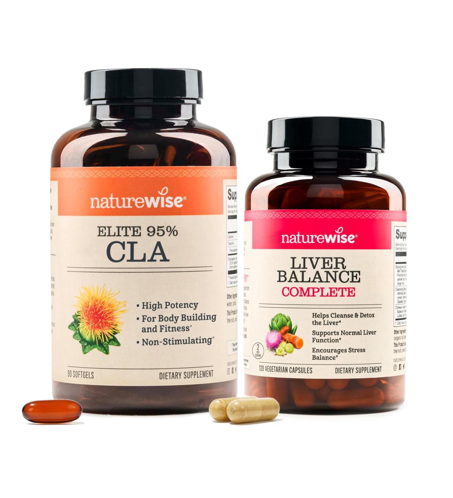 NatureWise 1 CLA 1300 - Non-Stimulating Non-GMO - 90 Softgels 30-Day Supply + 1 Liver Balance - Milk Thistle Dandelion Turmeric - 120 Capsules 60-Day Supply  - Buy Online on GoSupps.com