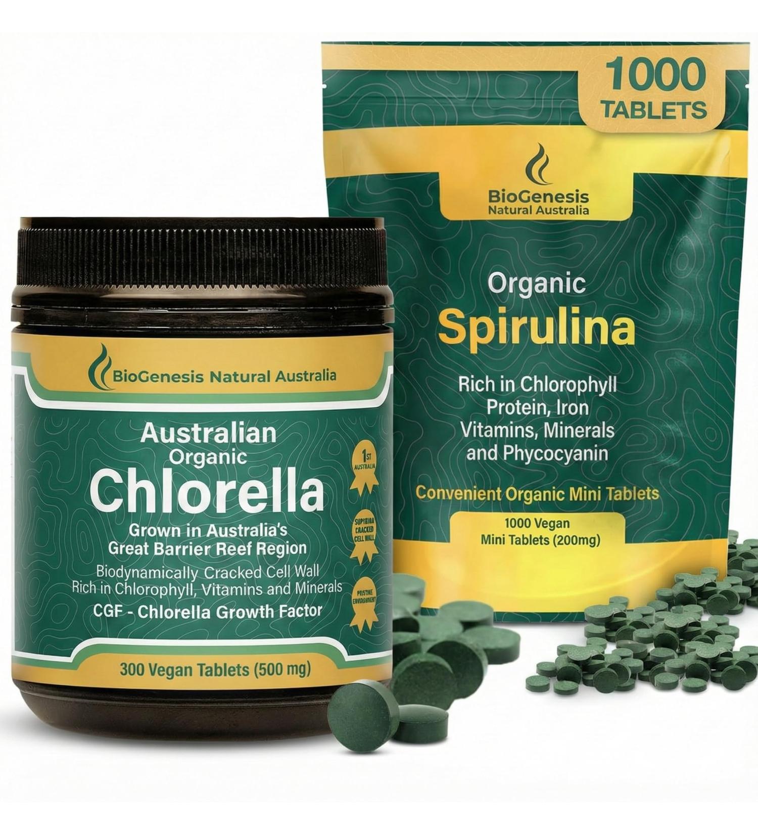 Biogenesis Organic Spirulina & Chlorella Bundle | Australian Grown | 1000 Spirulina Mini Tabs (200mg) + 300 Chlorella Tablets (500mg) | Rich in Chlorophyll & Phycocyanin | Daily Vegan Superfood Pack - Buy Online on GoSupps.com