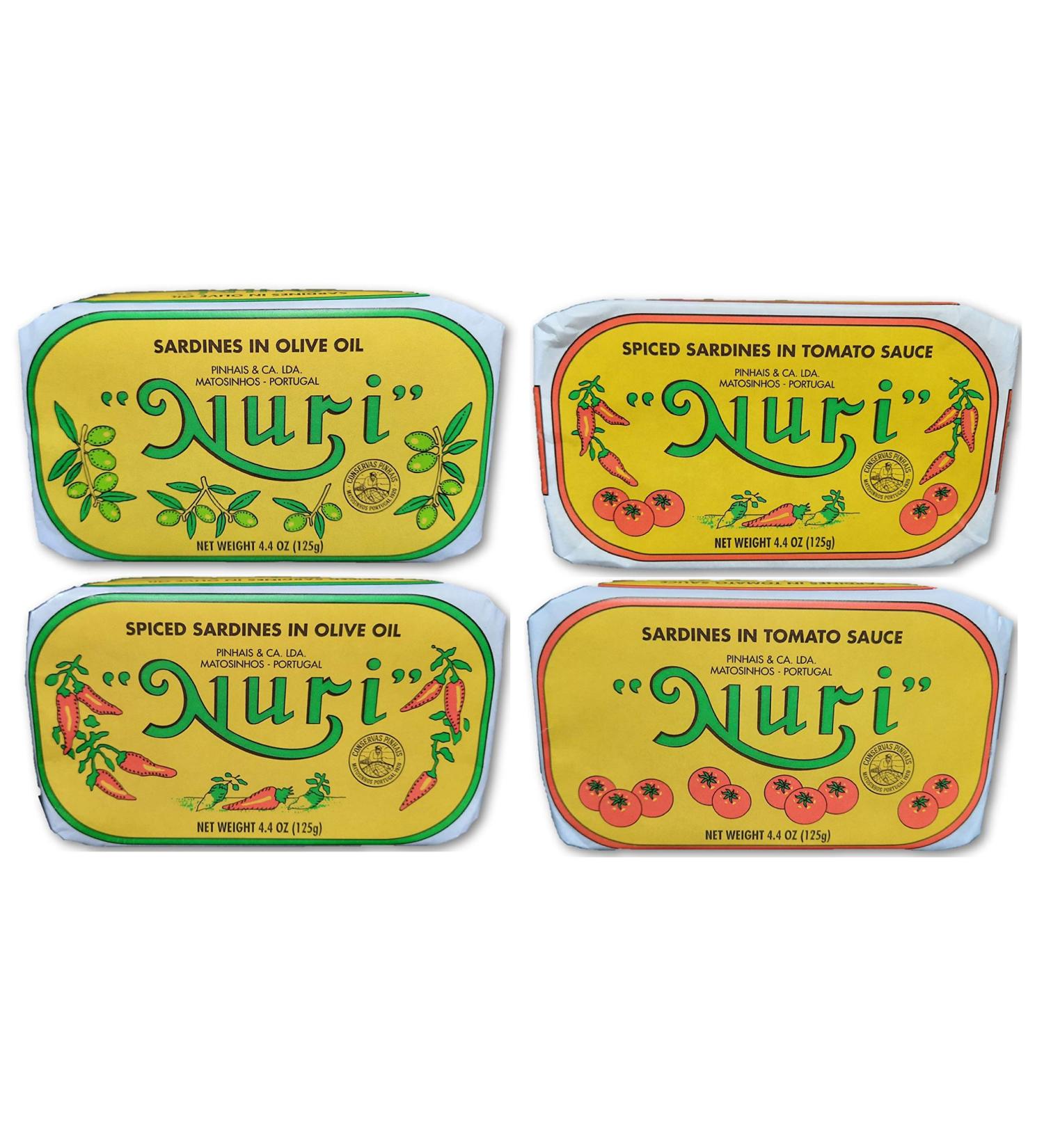 NURI Portuguese Sardines Variety Pack Bundle | 4-Pack with Pure Olive Oil, Spiced, Tomato & Olive Oil, Spiced Tomato & Olive Oil - Buy Online on GoSupps.com