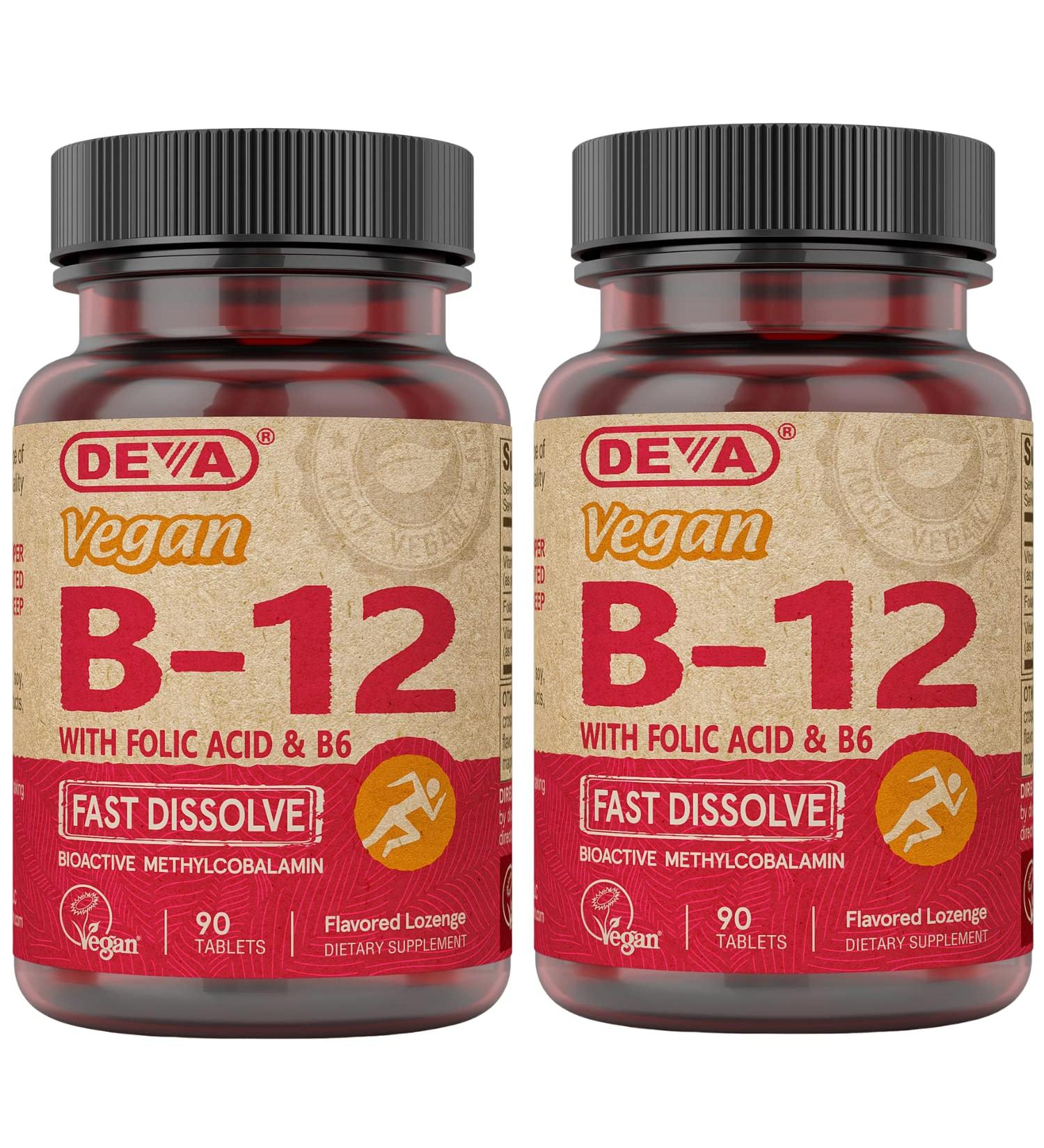 Deva Vegan B12 Fast Dissolve Supplement 1000mcg - 2-Pack 90 Count Tablets - Methylcobalamin B12 Folic Acid B6 - Lemon Flavor - Buy Online on GoSupps.com