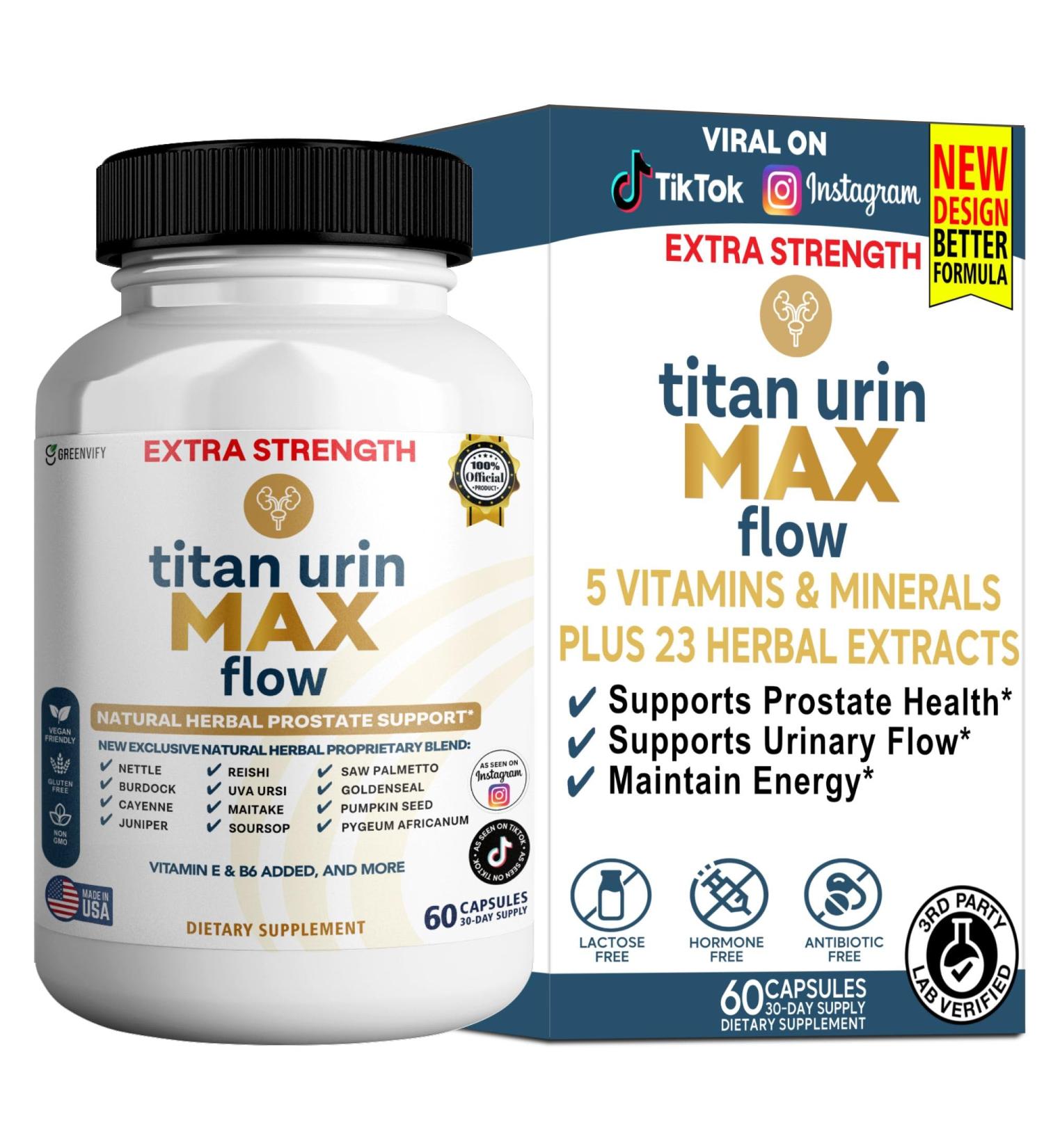 Titan Urin Max Flow Natural Prostate Supplement 60 Capsules Extra Strength Herbal Complex with Saw Palmetto Vitamins E & B6 (1) - Buy Online on GoSupps.com