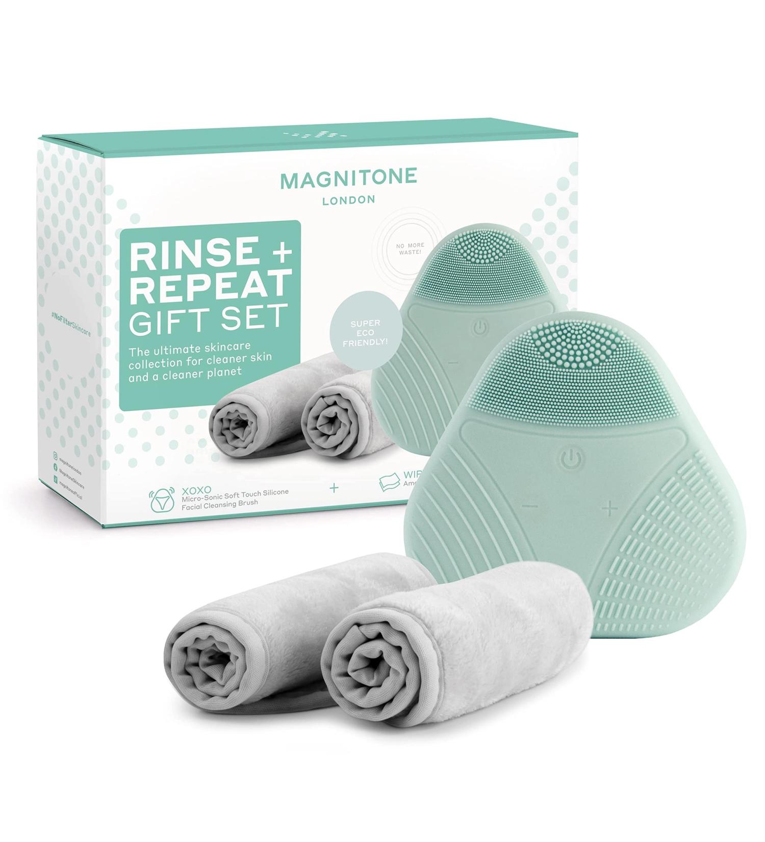 MAGNITONE Rinse + Repeat Gift Set - XOXO Facial Cleansing Brush + Microfibre Cloths - Makeup Removal, Cleanse, Brighten, Soften Skin - Waterproof, USB Rechargeable - Buy Online on GoSupps.com