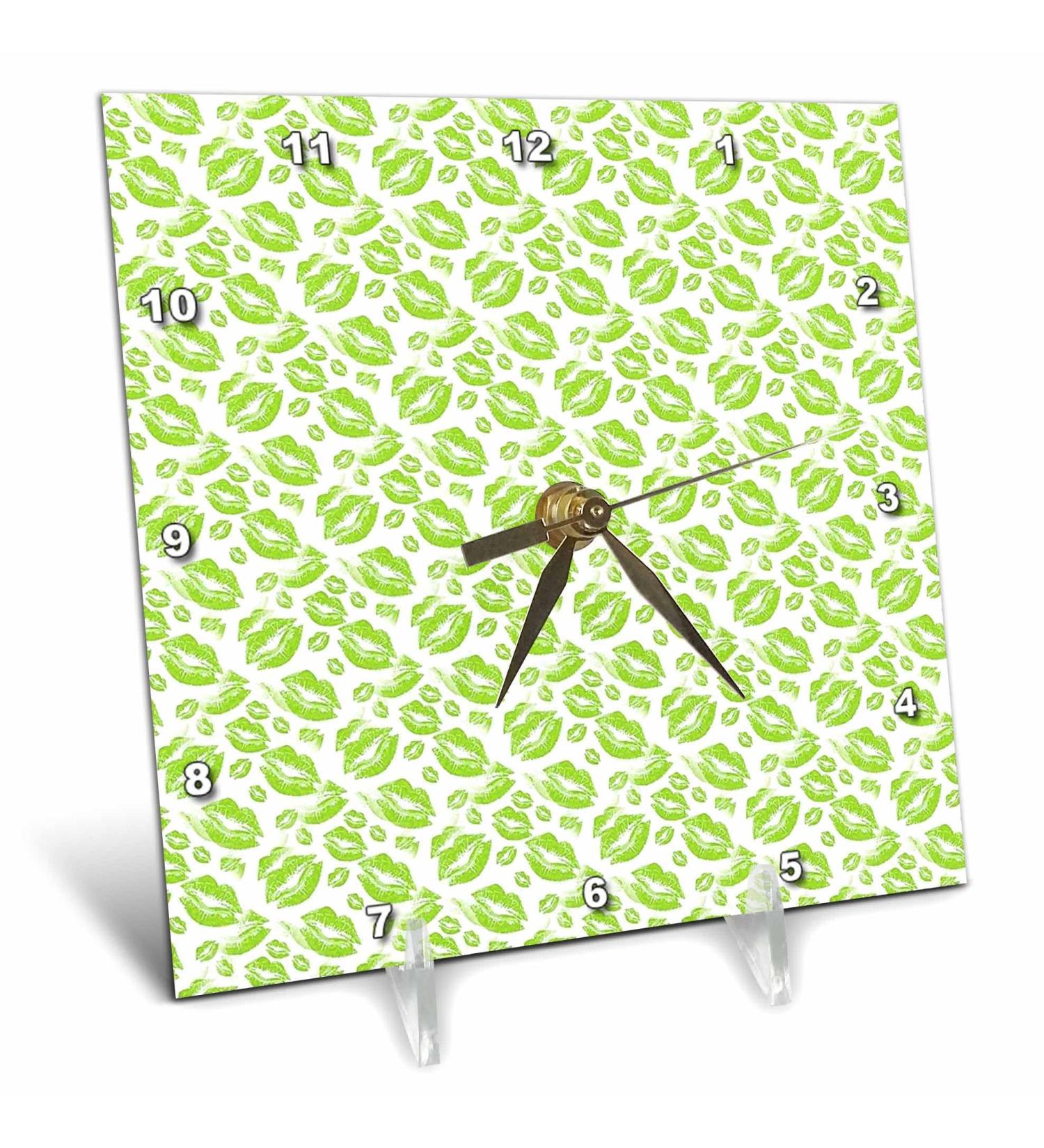 3dRose 6x6 Desk Clock - Two Kisses Collided Lip Smacking Lime Colored Lips Pattern Pattern - Lipstick Kisses