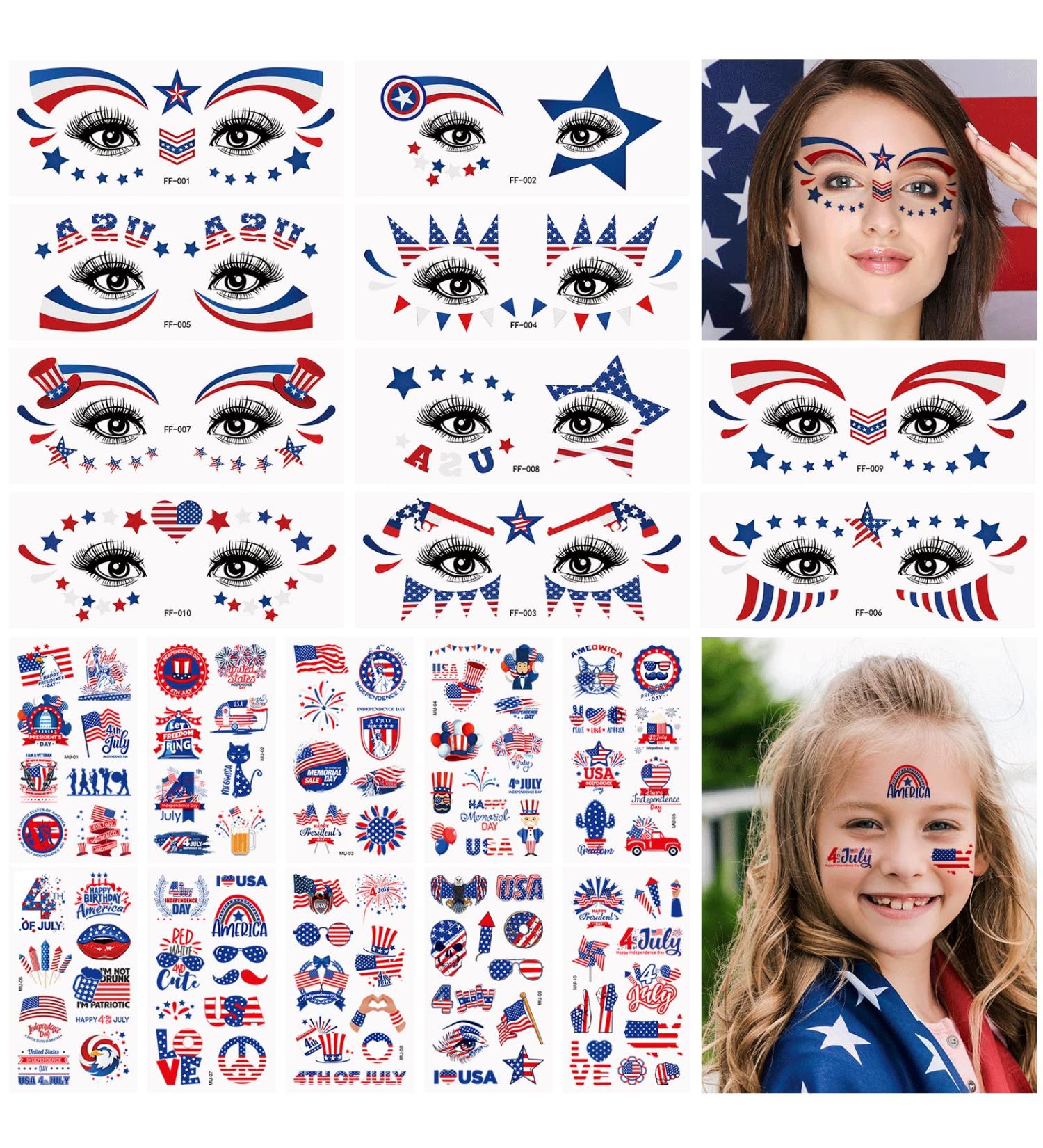 4th of July Gold Glitter Temporary Tattoos - 20 Sheets, 100Pcs Independence Day Tattoo Kit for Women & Kids - American Flag Accessories for Makeup, Costume, Parade Party - Buy Online on GoSupps.com